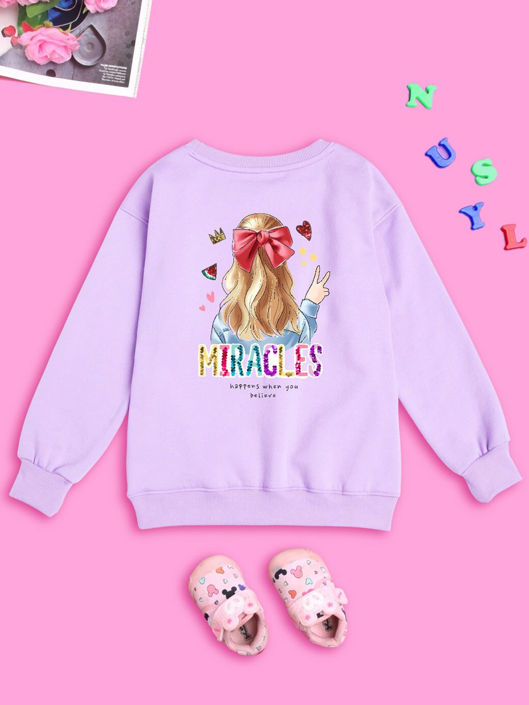 

NUSYL Girls Miracles Printed Oversized Fleece Pullover, Purple