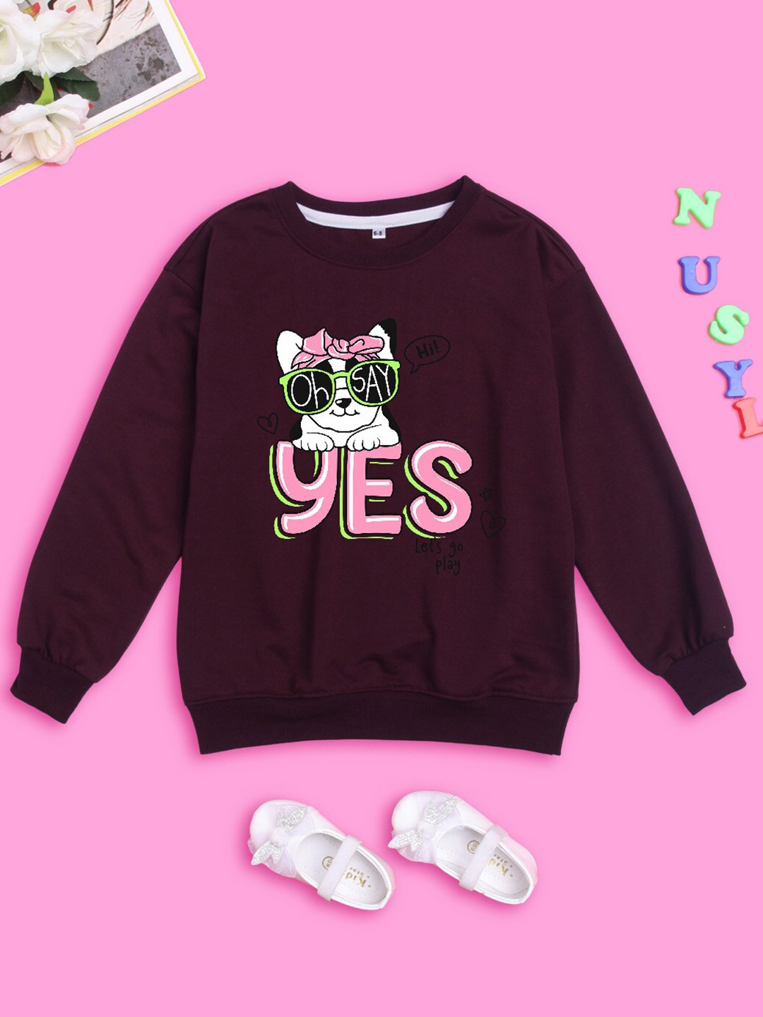 

NUSYL Girls Graphic Printed Oversized Fleece Sweatshirt, Burgundy