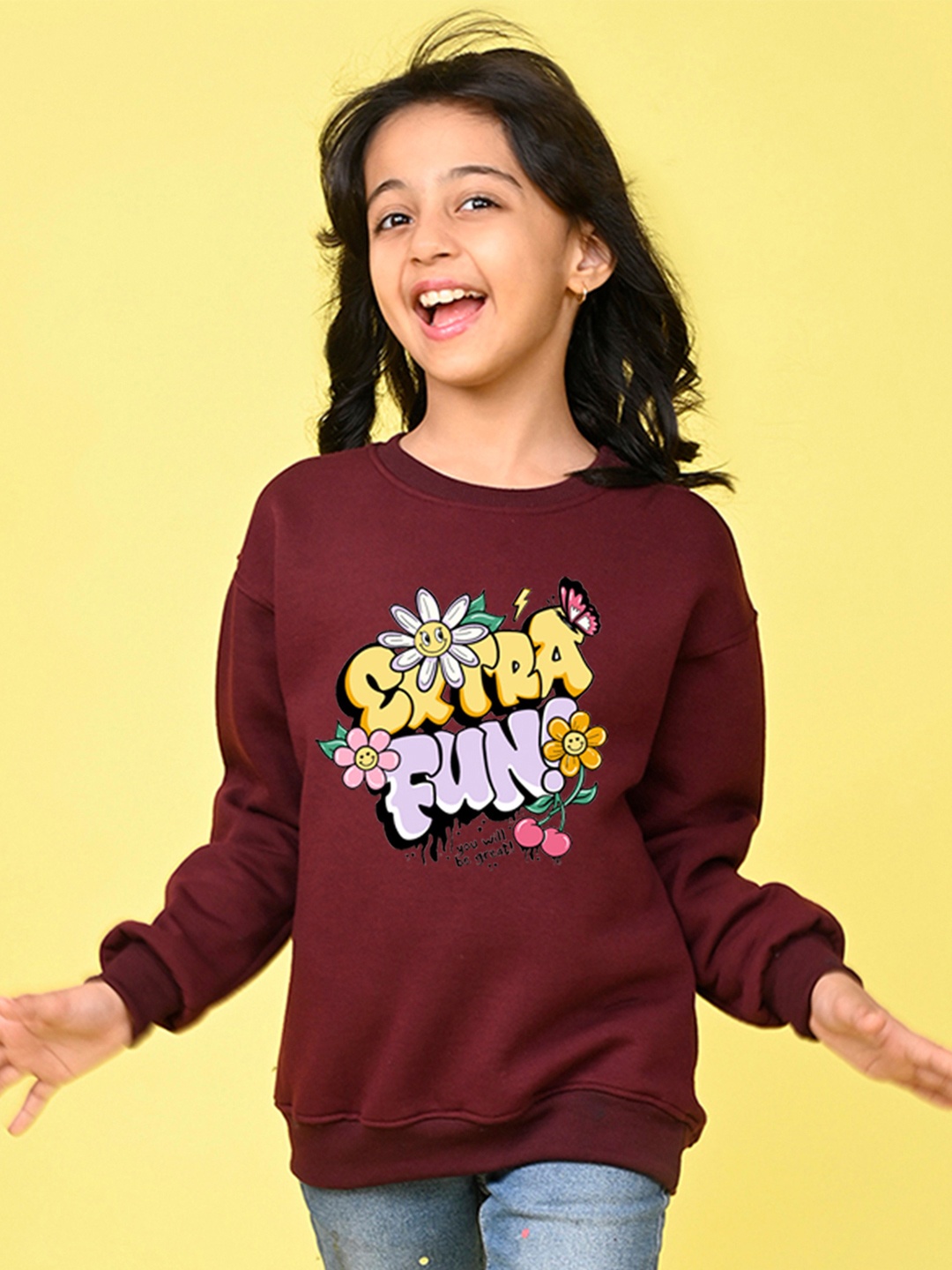 

NUSYL Girls Typography Printed Oversized Sweatshirts, Burgundy