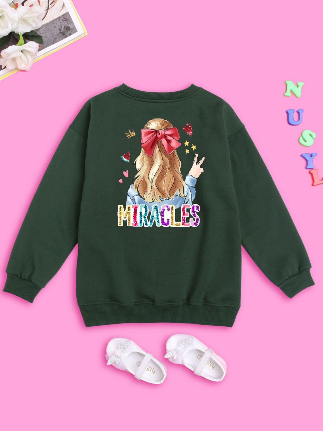 

NUSYL Girls Graphic Printed Oversized Fleece Sweatshirt, Green