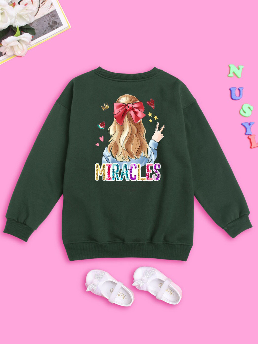 

NUSYL Girls Miracles Printed Oversized Fleece Pullover, Green