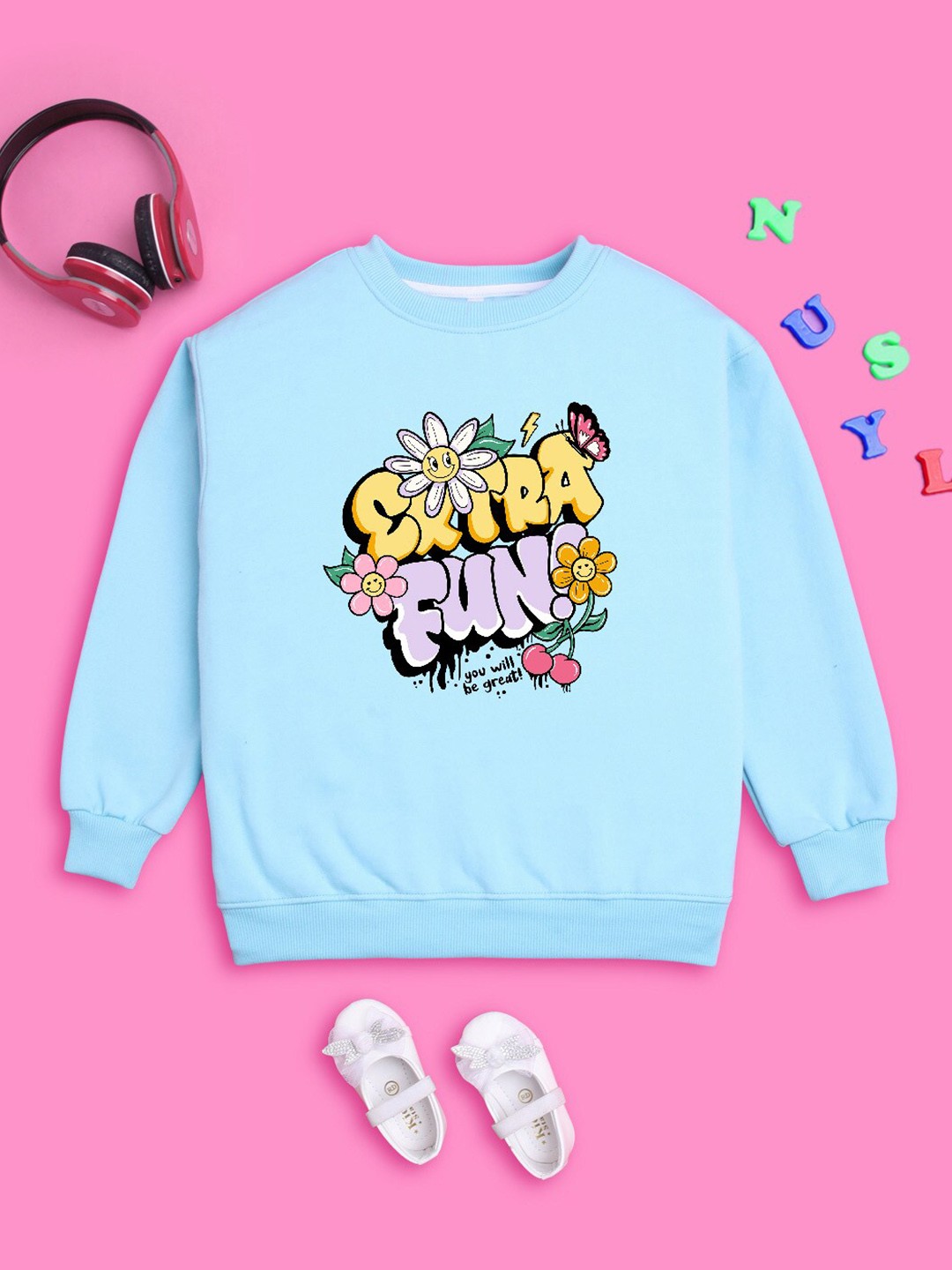 

NUSYL Girls Printed Oversized Fleece Sweatshirt, Blue
