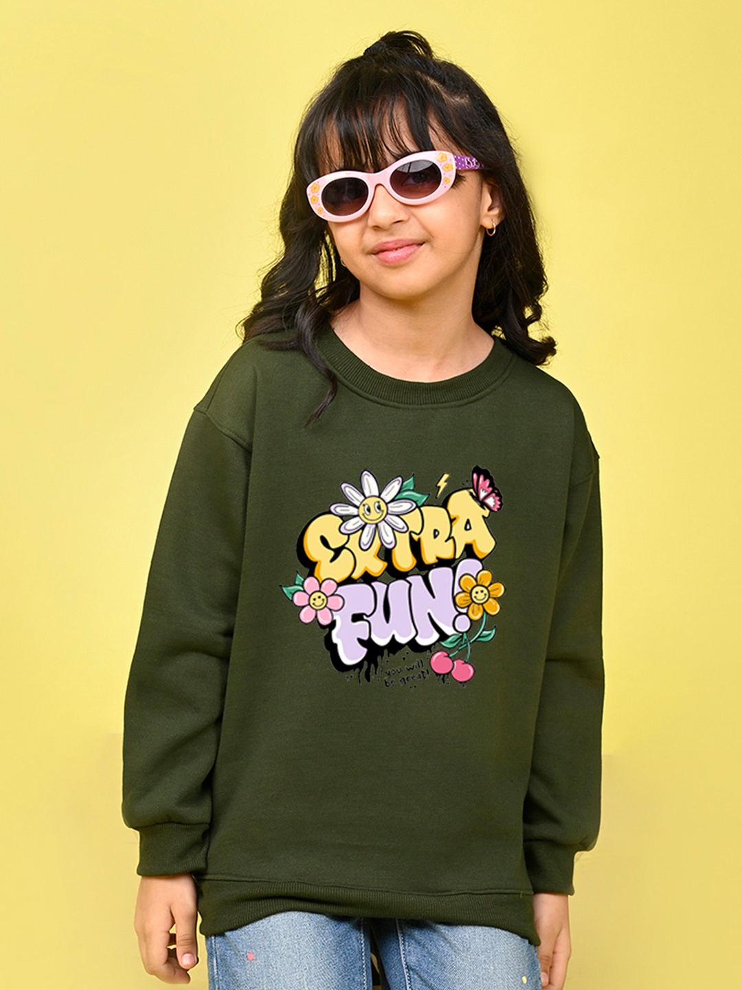 

NUSYL Girls Typography Printed Oversized Fleece Sweatshirt, Green