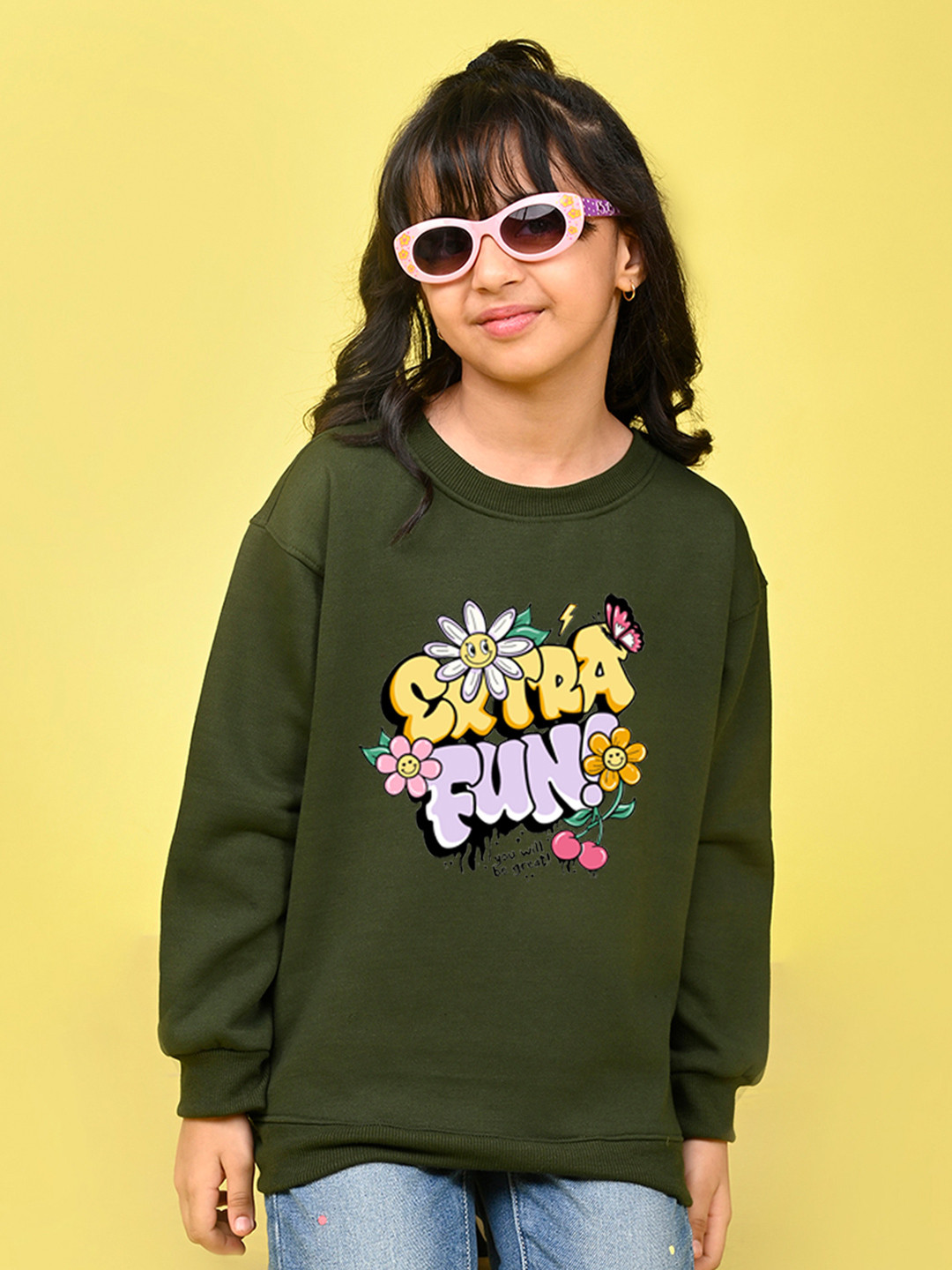 

NUSYL Girls Typography Printed Round Neck Oversized Sweatshirt, Green