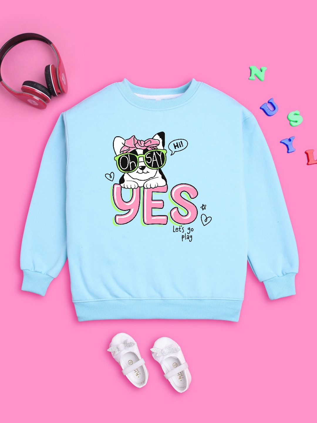 

NUSYL Girls Graphic Printed Round Neck Pullover Oversized Fleece Sweatshirt, Blue