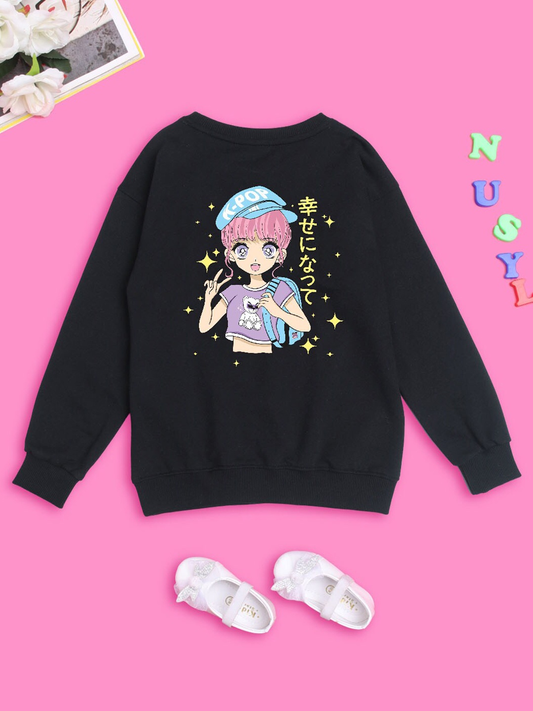 

NUSYL Girls Graphic Printed Oversized Sweatshirts, Black
