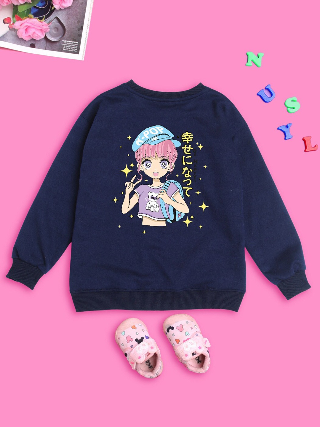 

NUSYL Girls Graphic Printed Oversized Sweatshirts, Navy blue