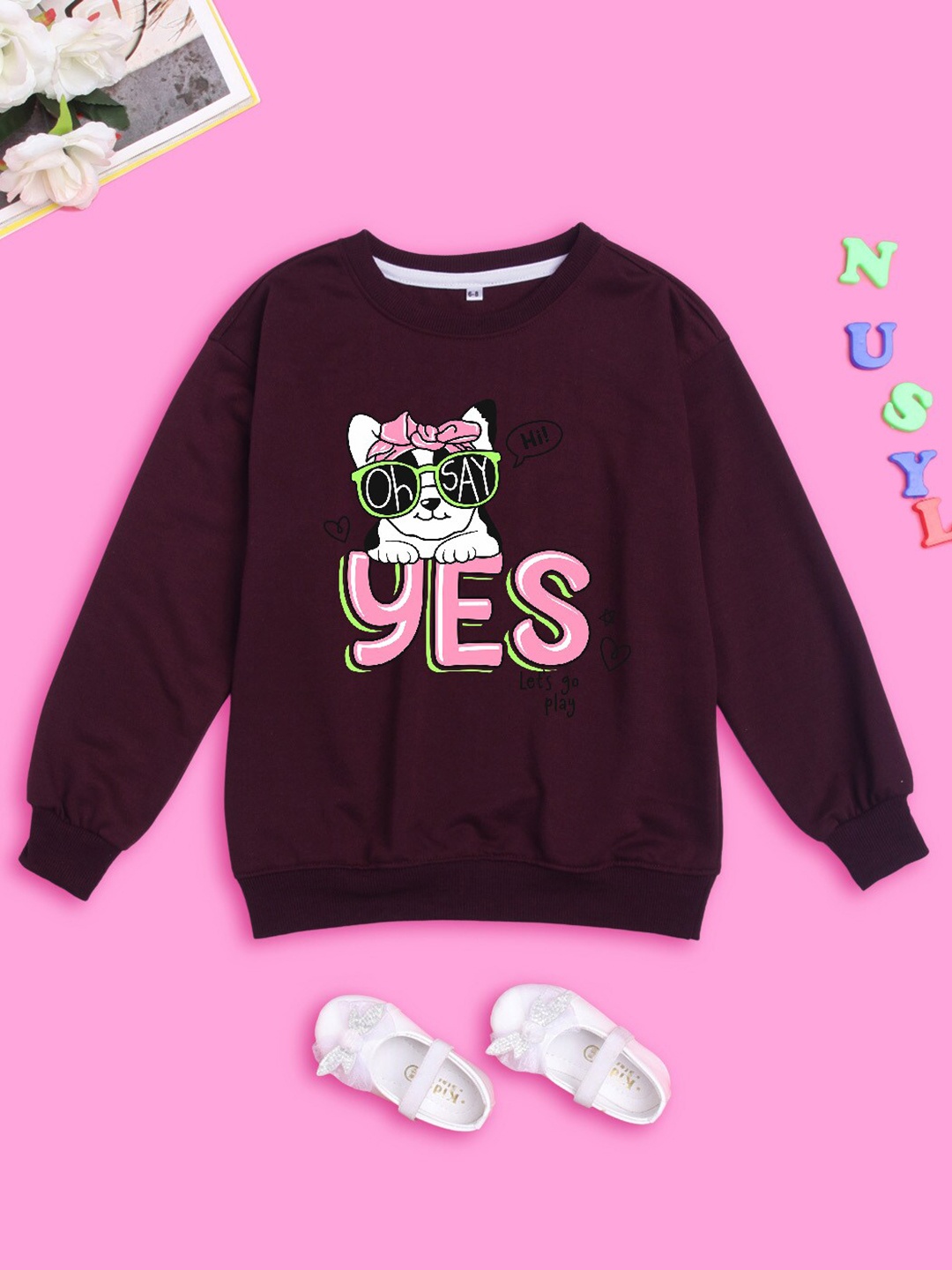 

NUSYL Girls Graphic Printed Oversized Fleece Sweatshirt, Burgundy