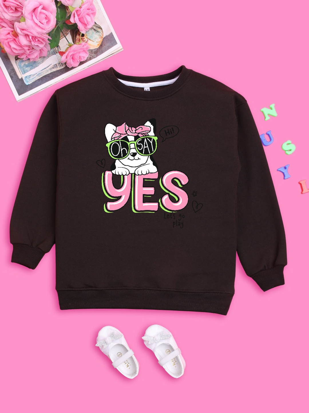 

NUSYL Girls Graphic Printed Oversized Fleece Sweatshirt, Brown