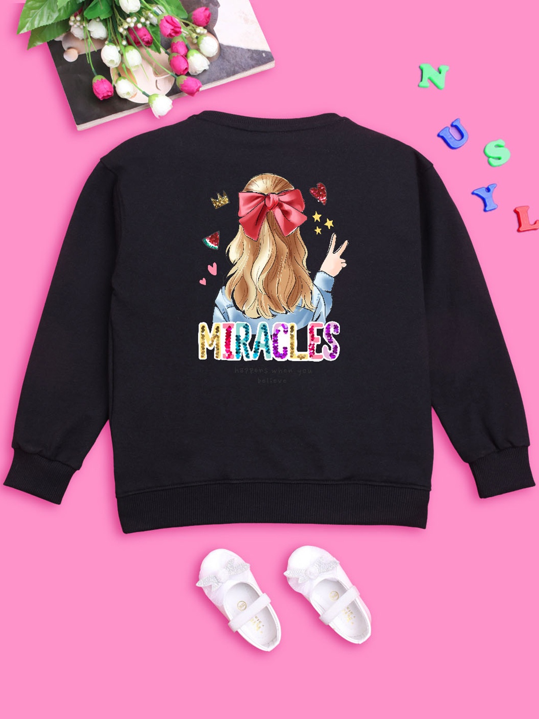 

NUSYL Girls Graphic Printed Round Neck Pullover Oversized Fleece Sweatshirt, Black