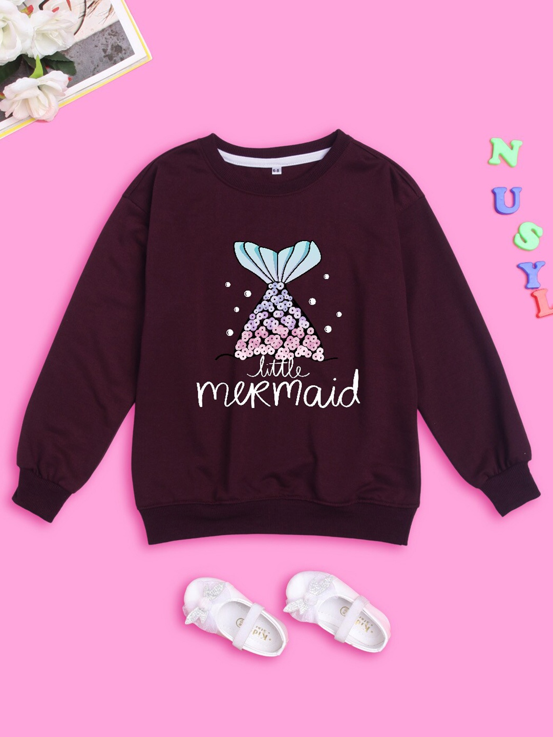 

NUSYL Girls Typography Printed Sweatshirt, Burgundy