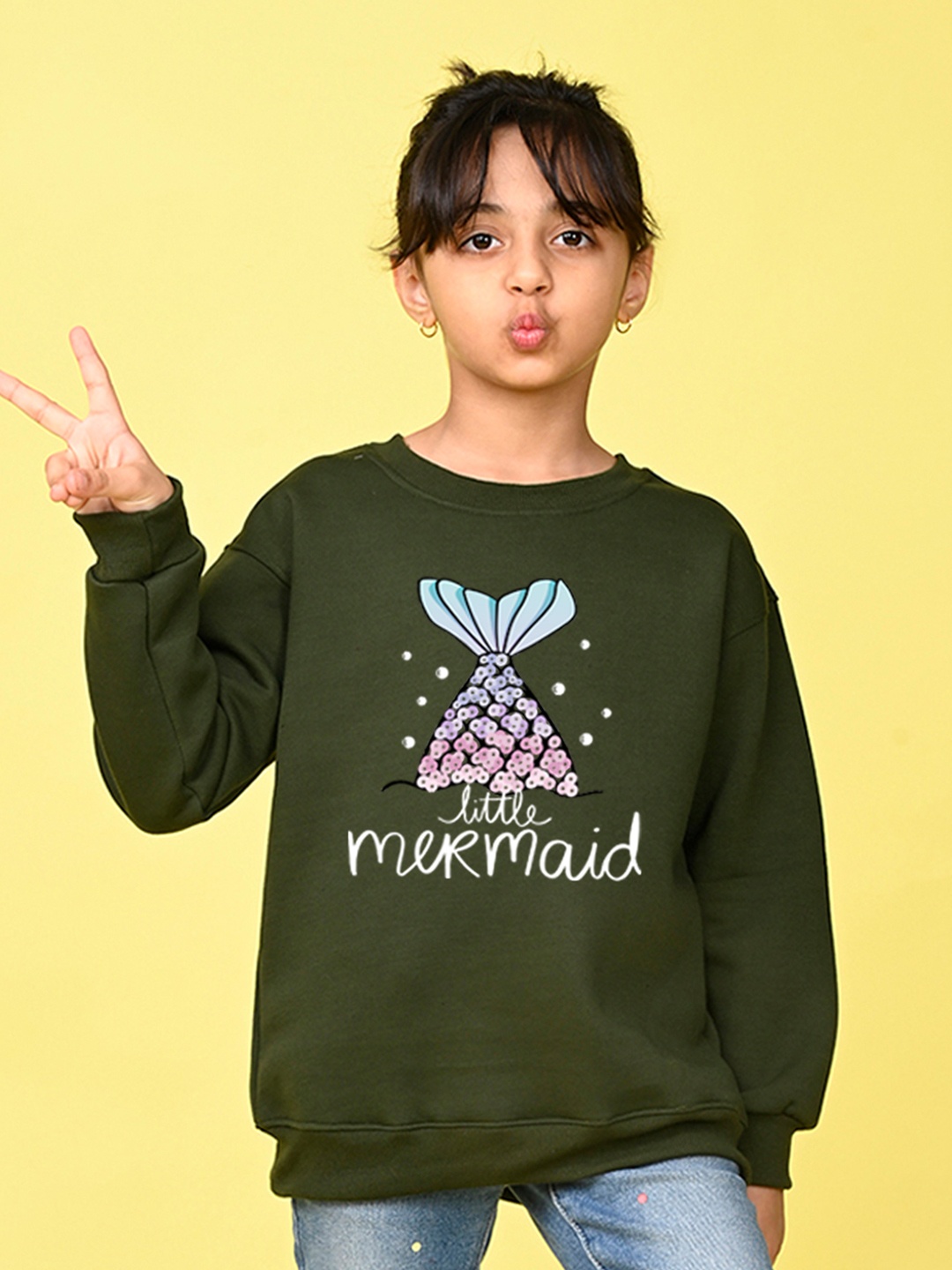 NUSYL Girls Printed Oversized Fleece Sweatshirt, Green