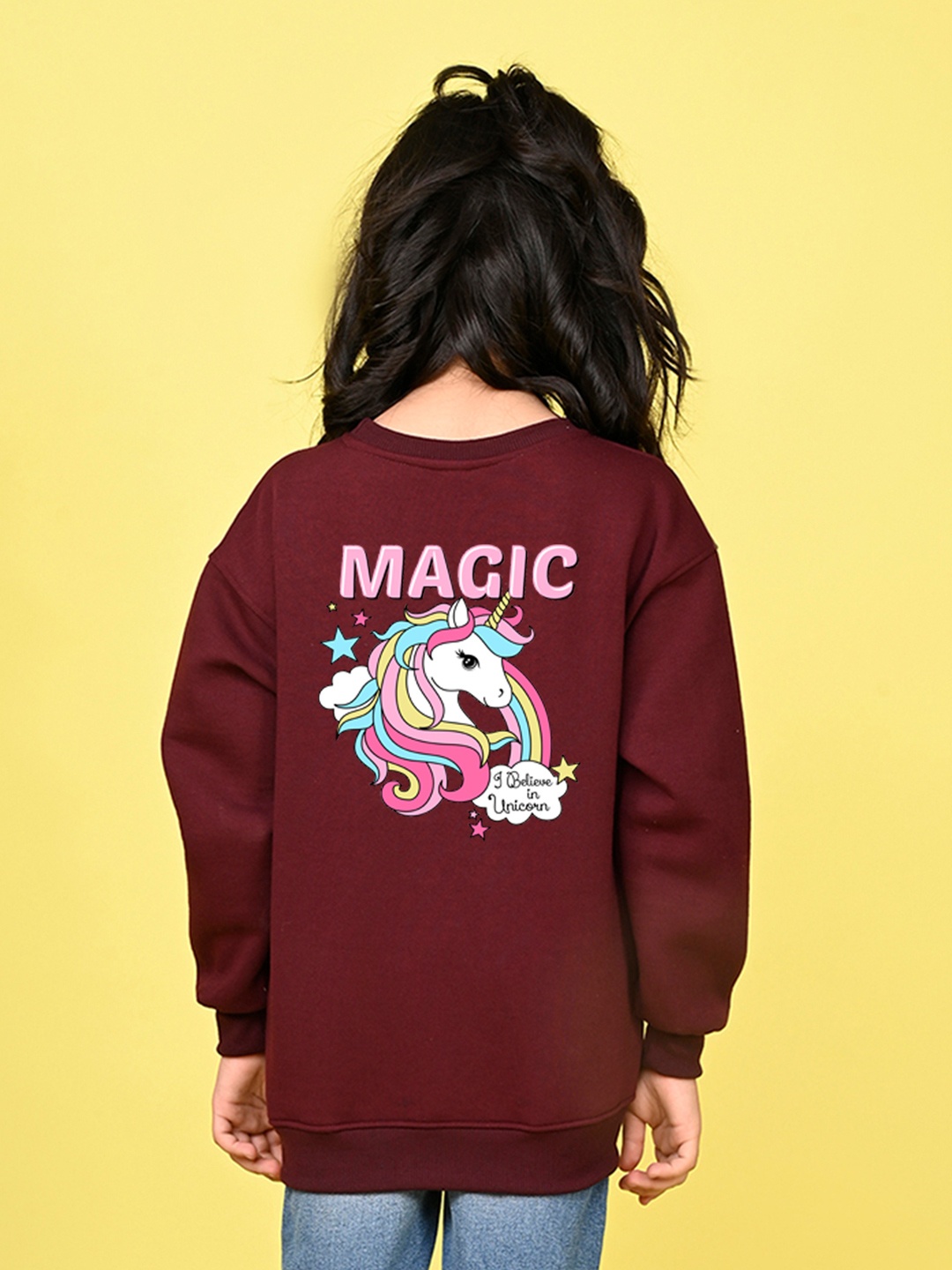 

NUSYL Girls Unicorn Printed Oversized Fleece Pullover, Burgundy