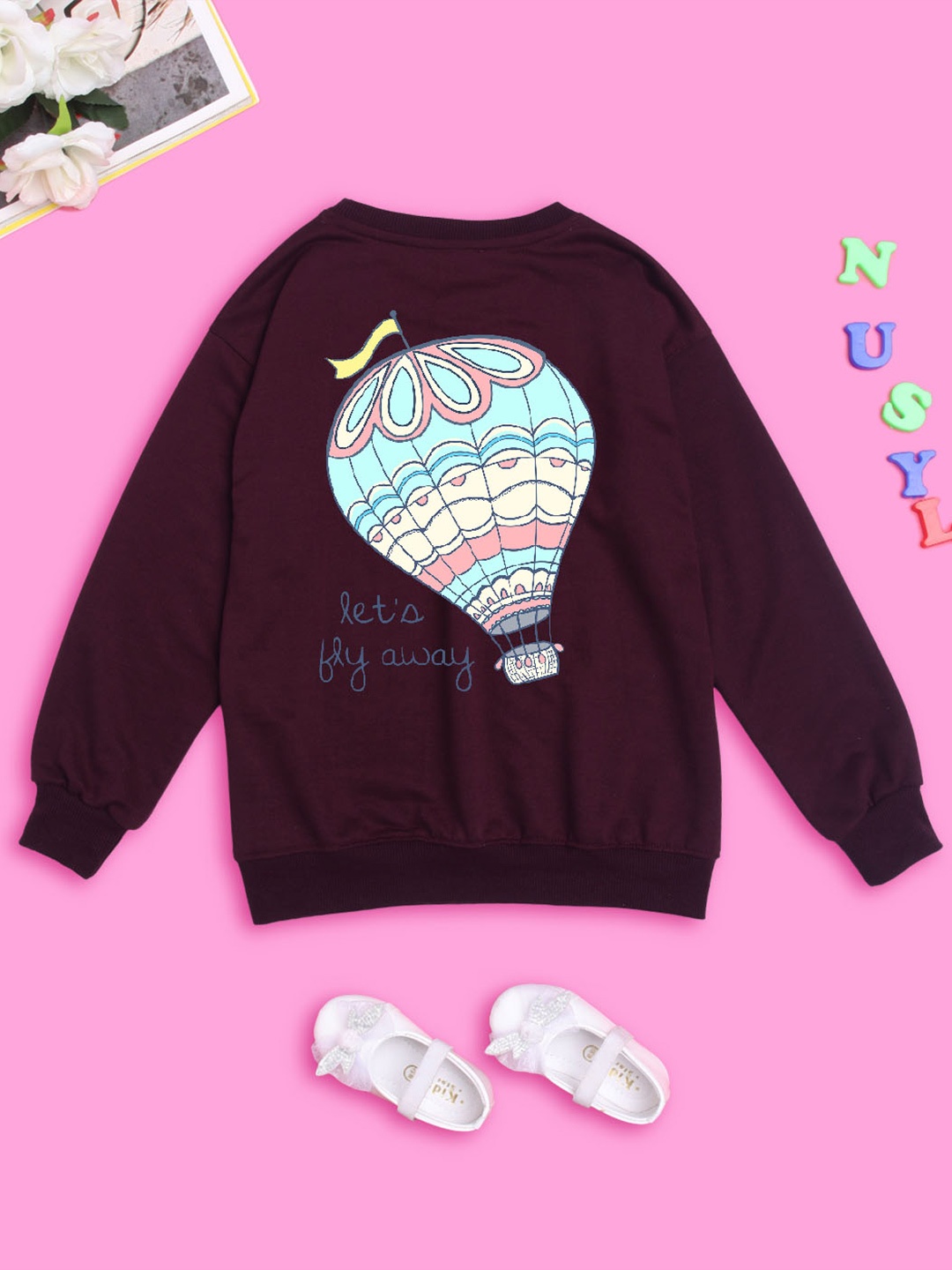 

NUSYL Girls Graphic Printed Long Sleeves Oversized Fleece Pullover, Burgundy