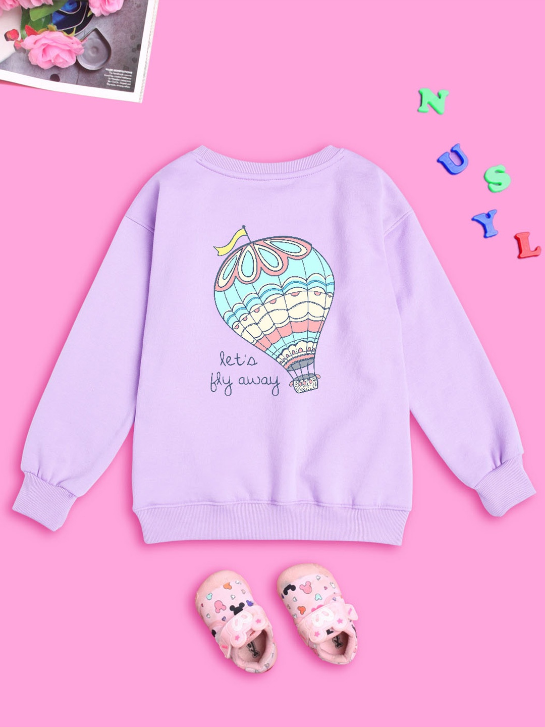 

NUSYL Girls Typography Printed Round Neck Oversized Sweatshirt, Lavender