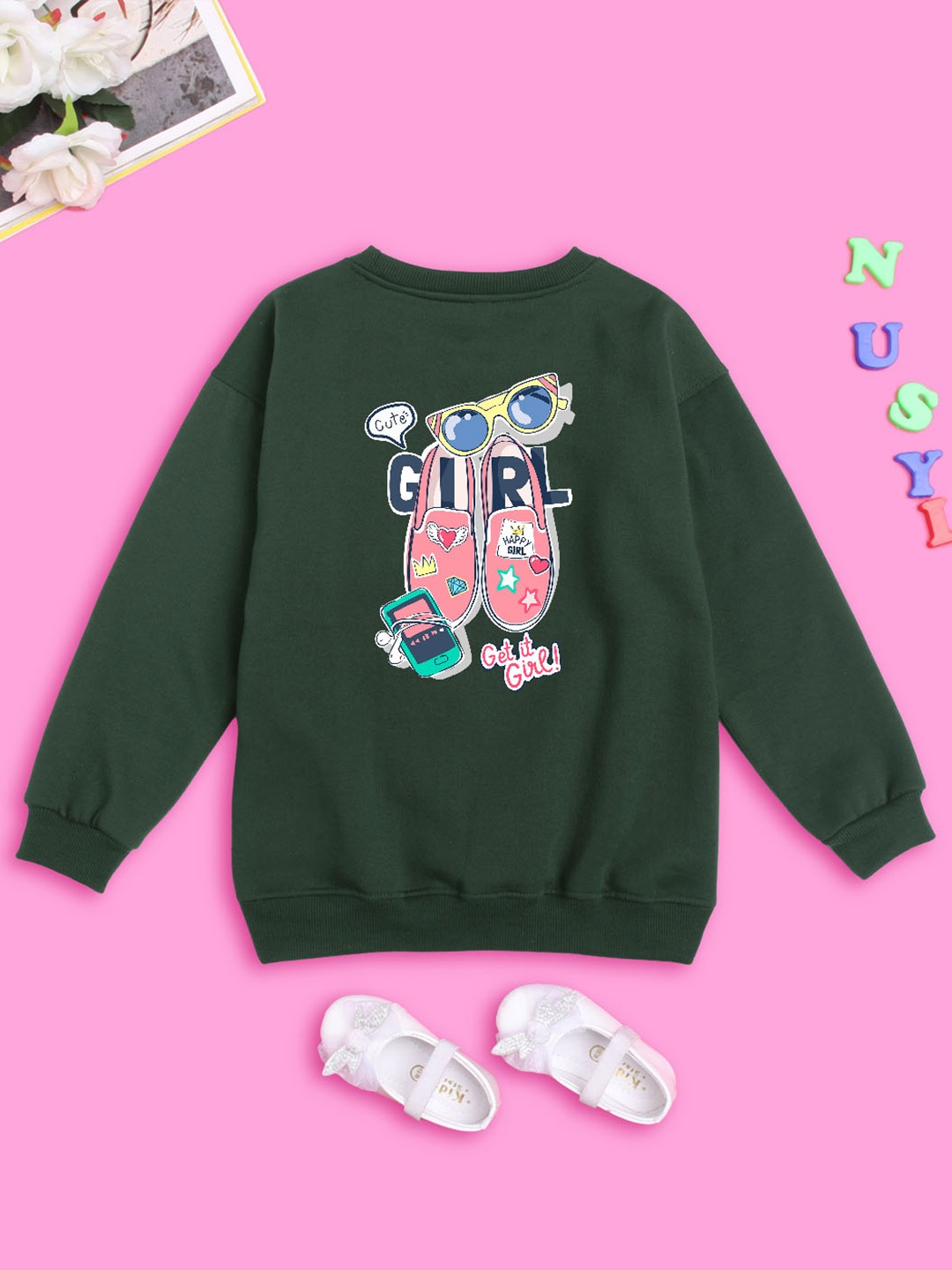 

NUSYL Girls Graphic Printed Oversized Fleece Sweatshirt, Olive