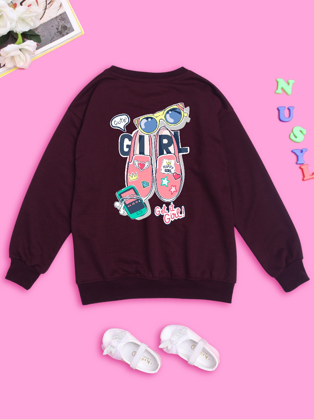 

NUSYL Girls Graphic Printed Oversized Fleece Sweatshirt, Burgundy