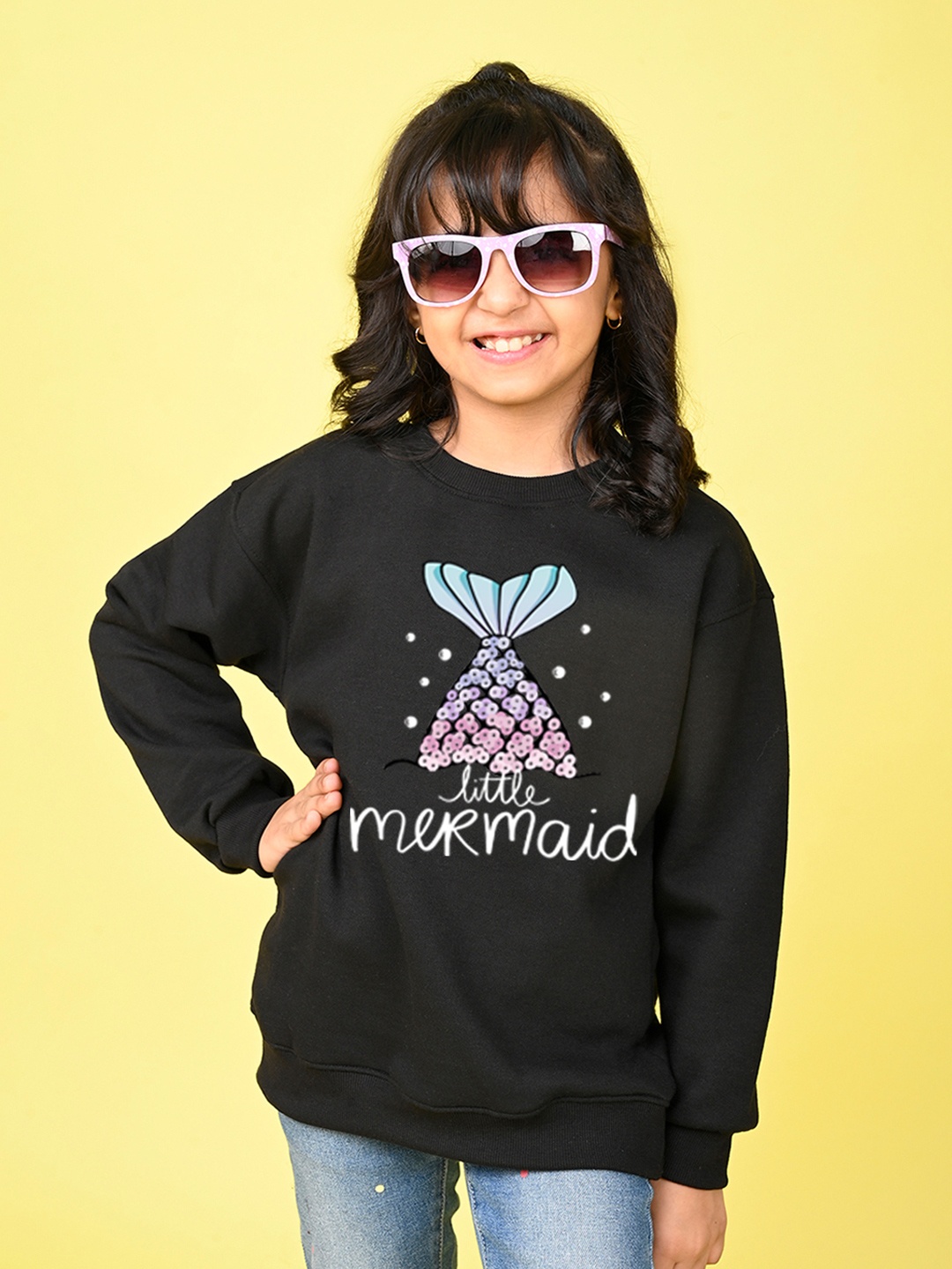 NUSYL Girls Graphic Printed Oversized Fleece Sweatshirt, Black