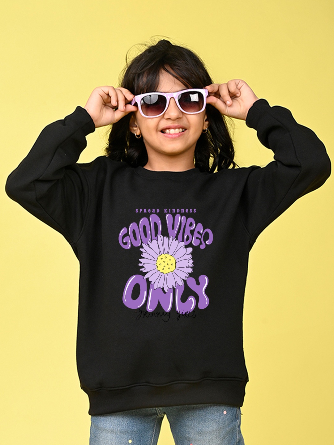 

NUSYL Girls Typography Printed Oversized Fleece Sweatshirt, Black