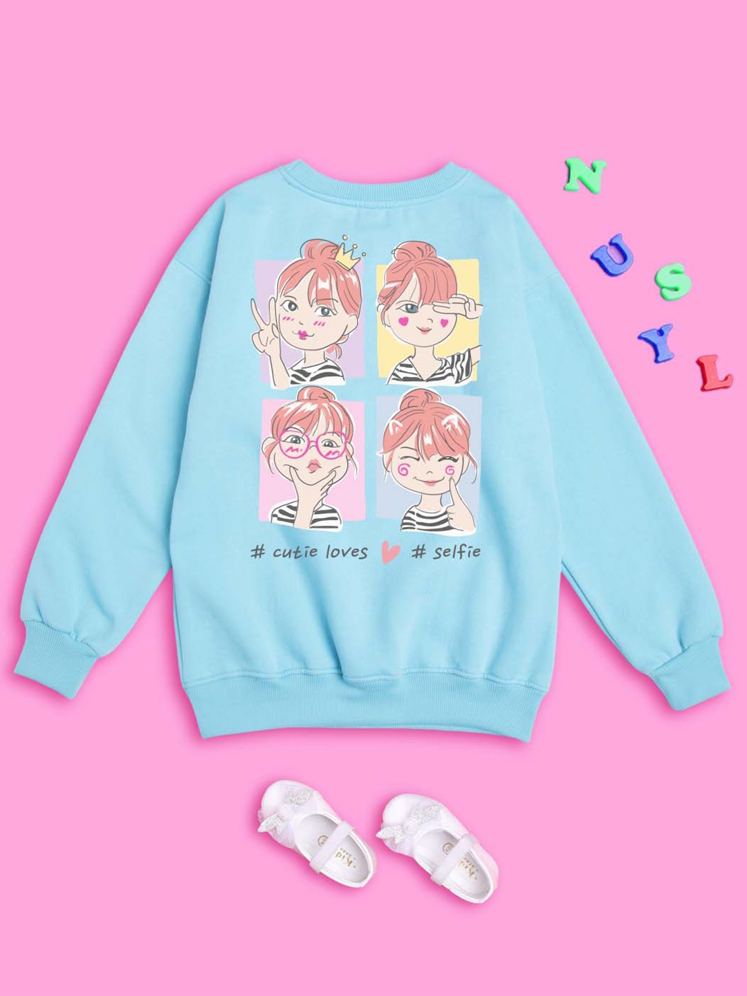 

NUSYL Girls Graphic Printed Oversized Fleece Sweatshirt, Blue