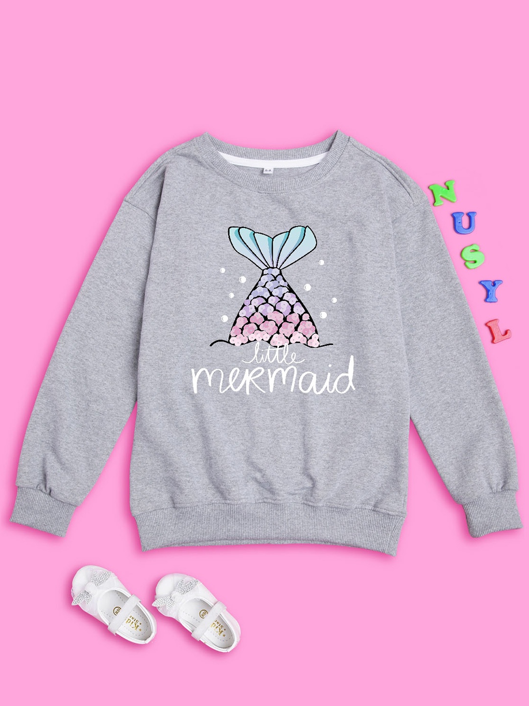 

NUSYL Girls Graphic Printed Oversized Fleece Sweatshirt, Grey