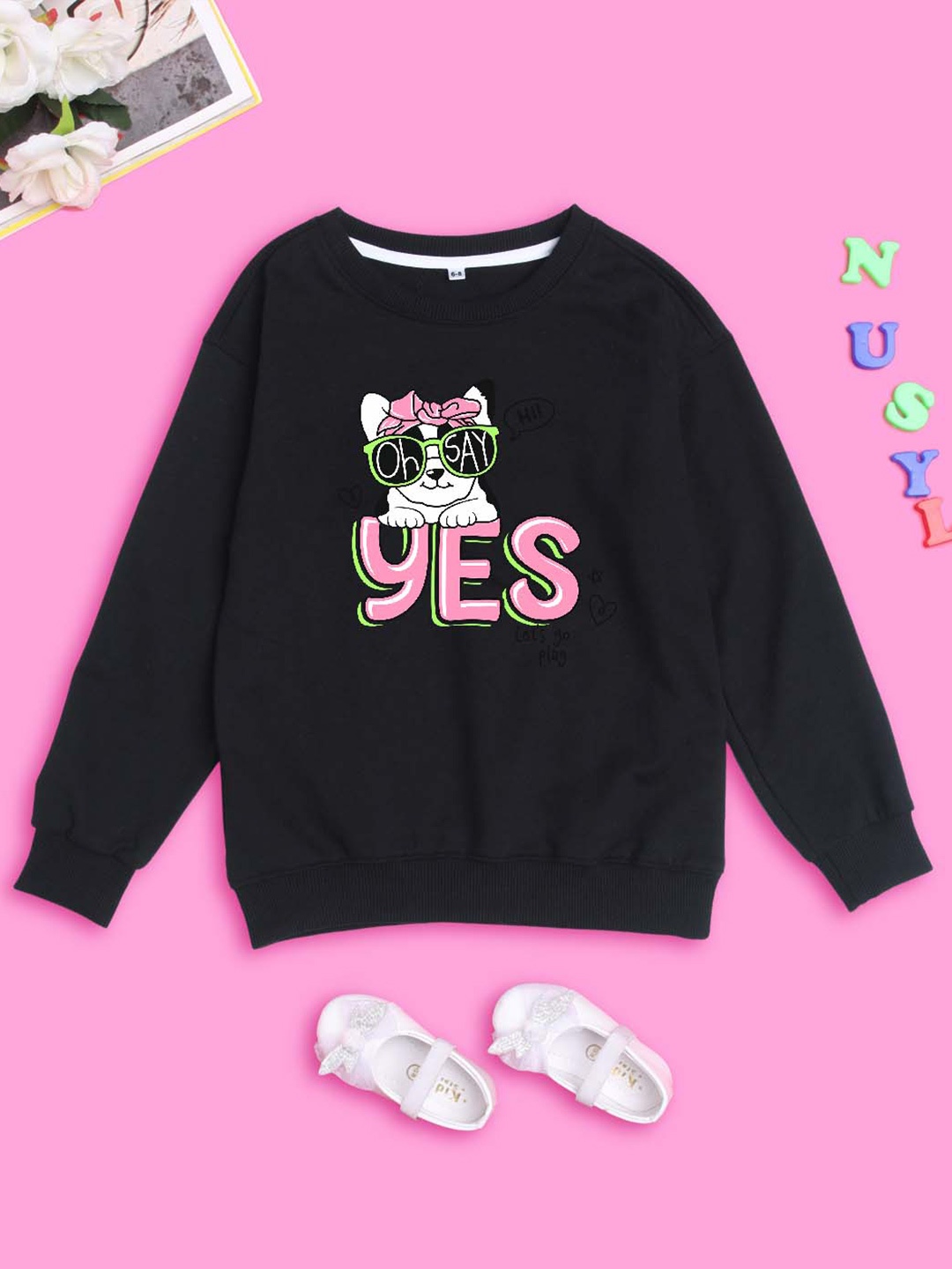 

NUSYL Girls Graphic Printed Oversized Sweatshirt, Black