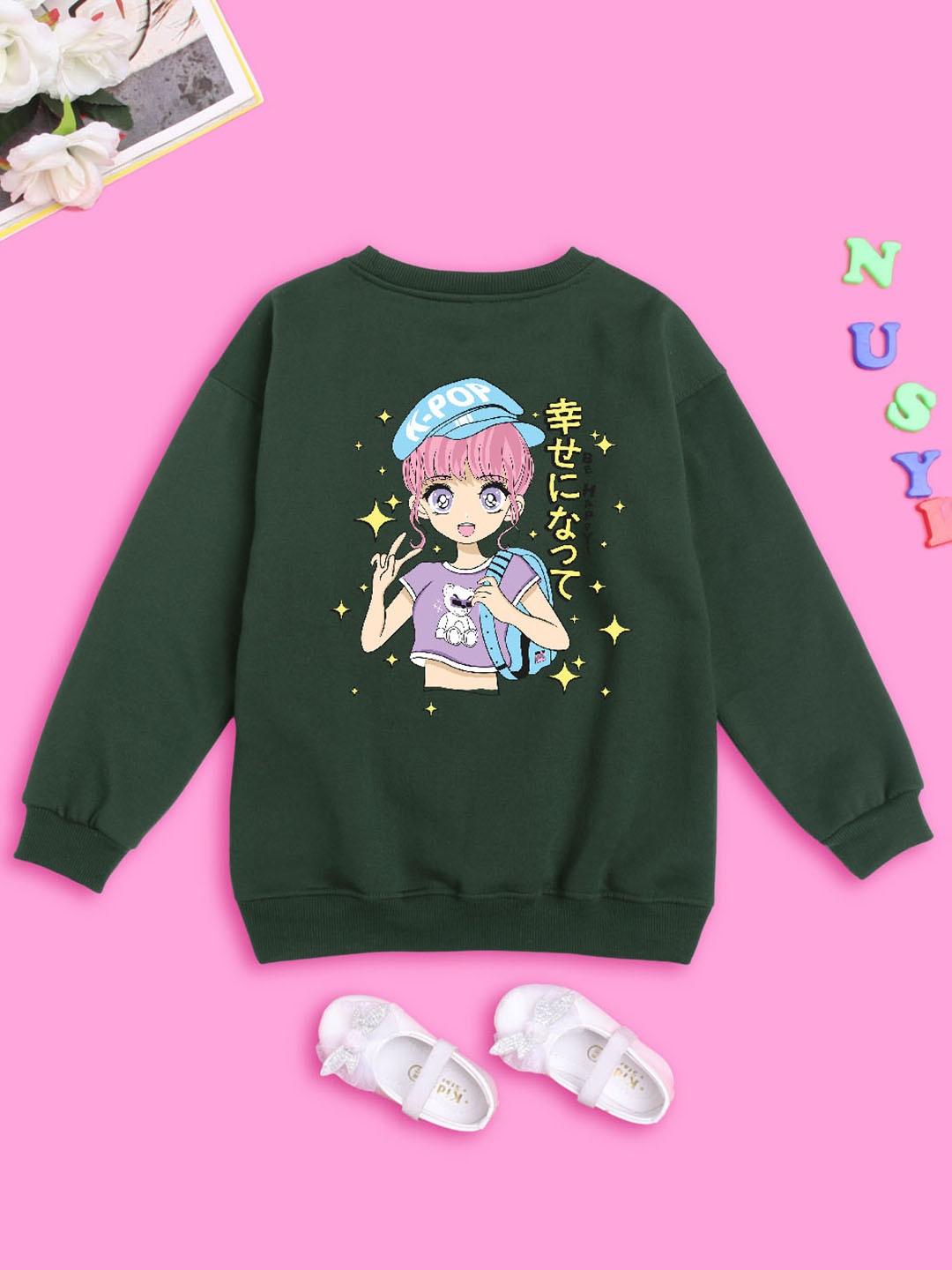 

NUSYL Girls Graphic Printed Round Neck Pullover Oversized Fleece Sweatshirt, Green