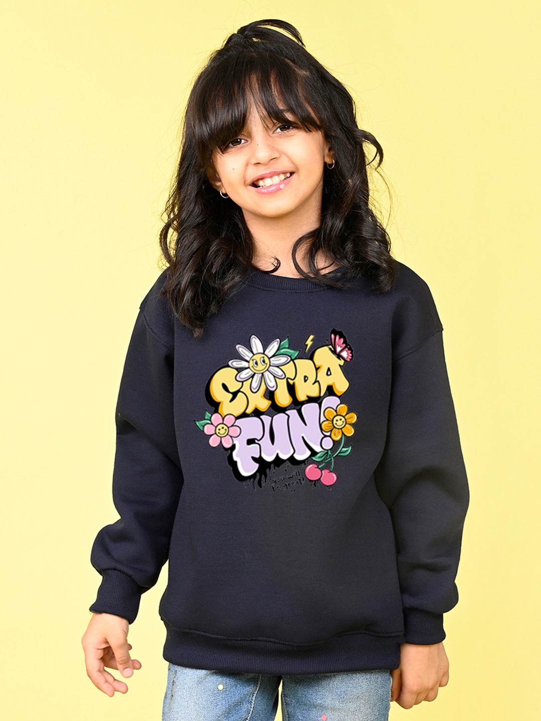 NUSYL Girls Graphic Printed Oversized Sweatshirt, Navy blue