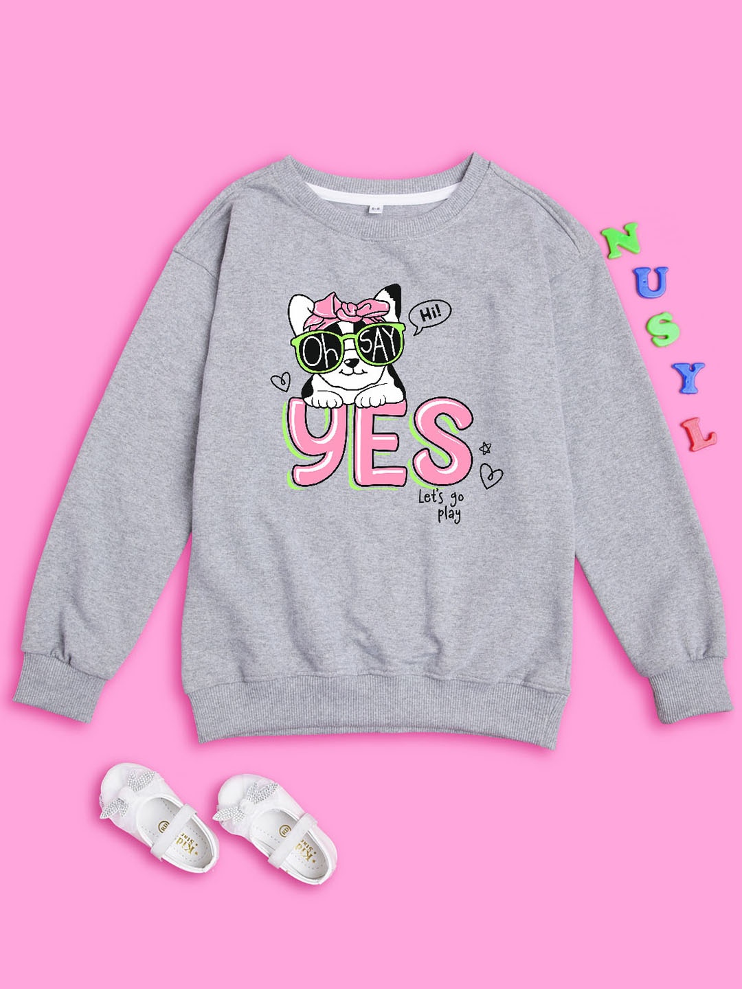 

NUSYL Girls Graphic Printed Oversized Sweatshirt, Grey