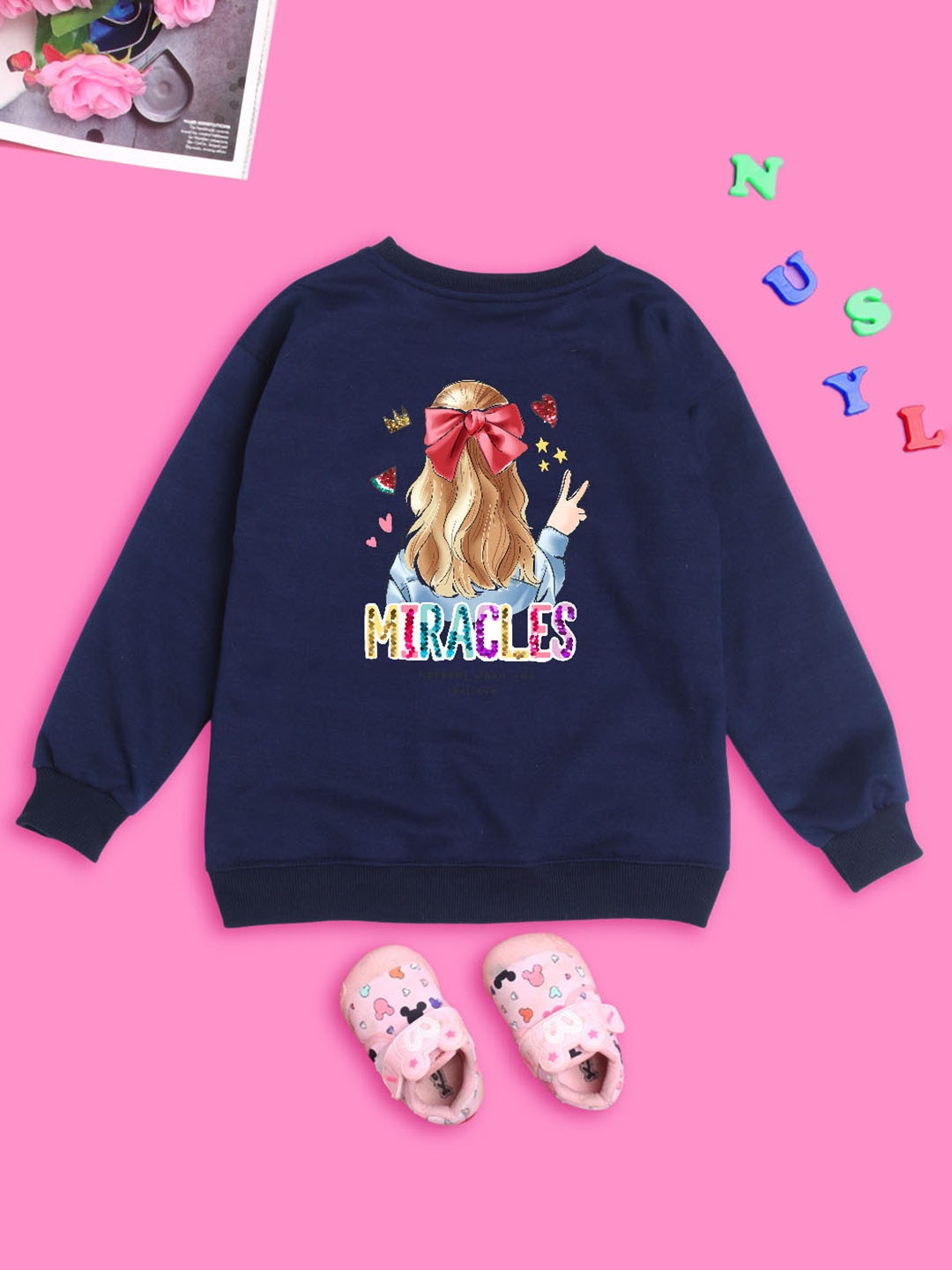 

NUSYL Girls Graphic Printed Oversized Fleece Sweatshirt, Blue