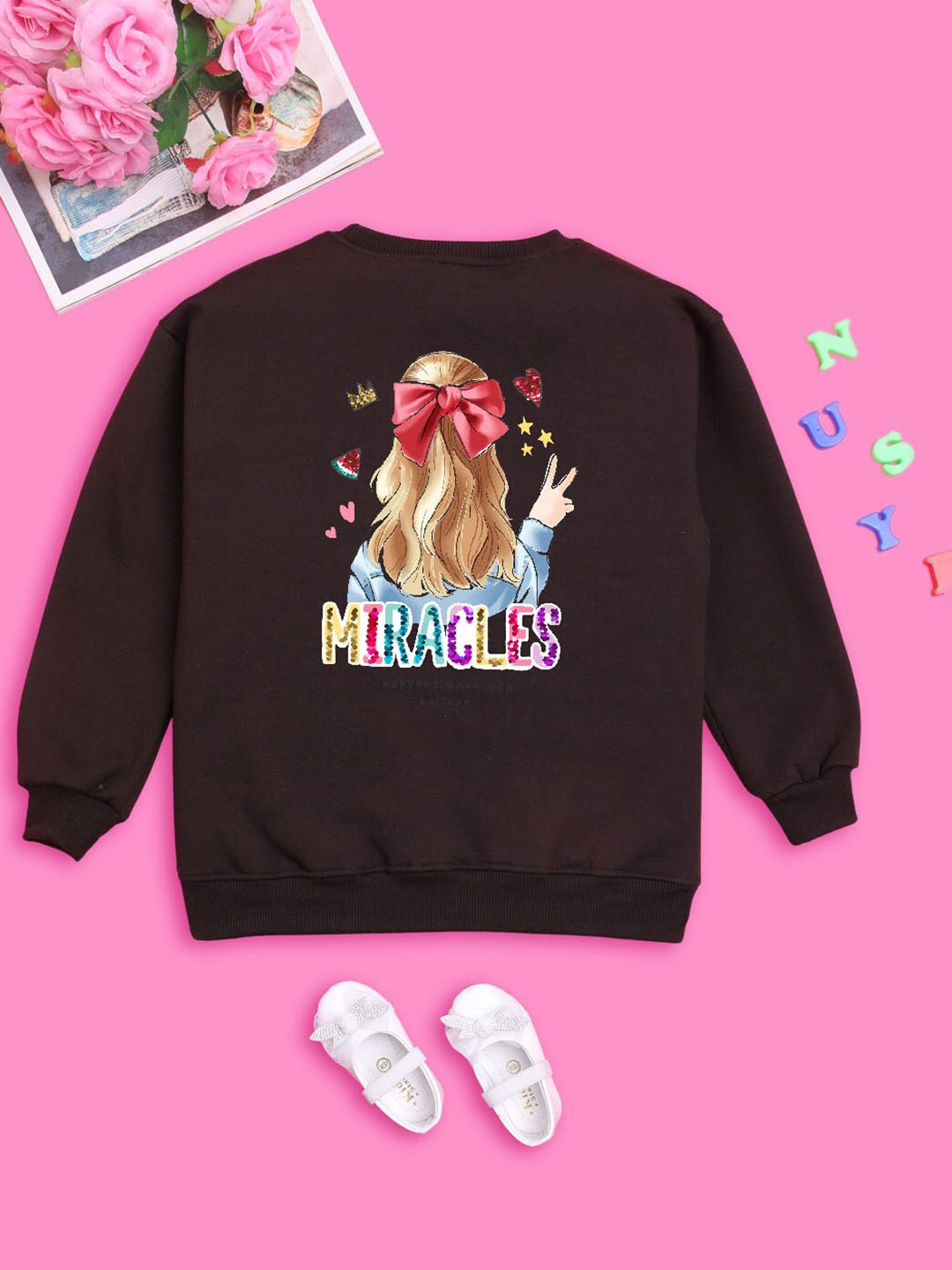 

NUSYL Girls Graphic Printed Oversized Sweatshirt, Brown