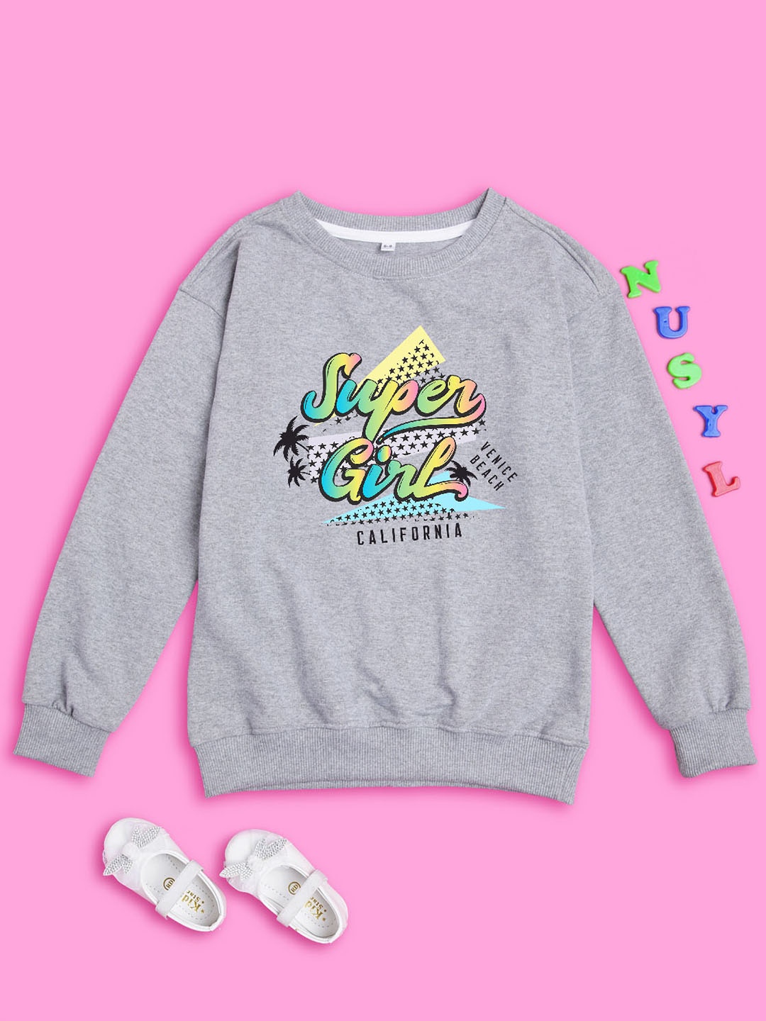 

NUSYL Girls Typography Printed Oversized Sweatshirt, Grey