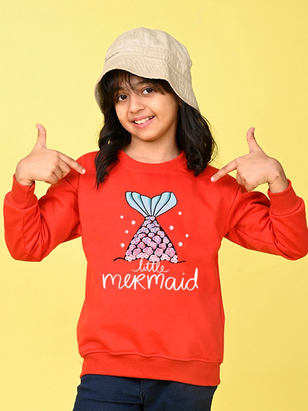 

NUSYL Girls Mermaid Printed Oversized Fleece Pullover, Red