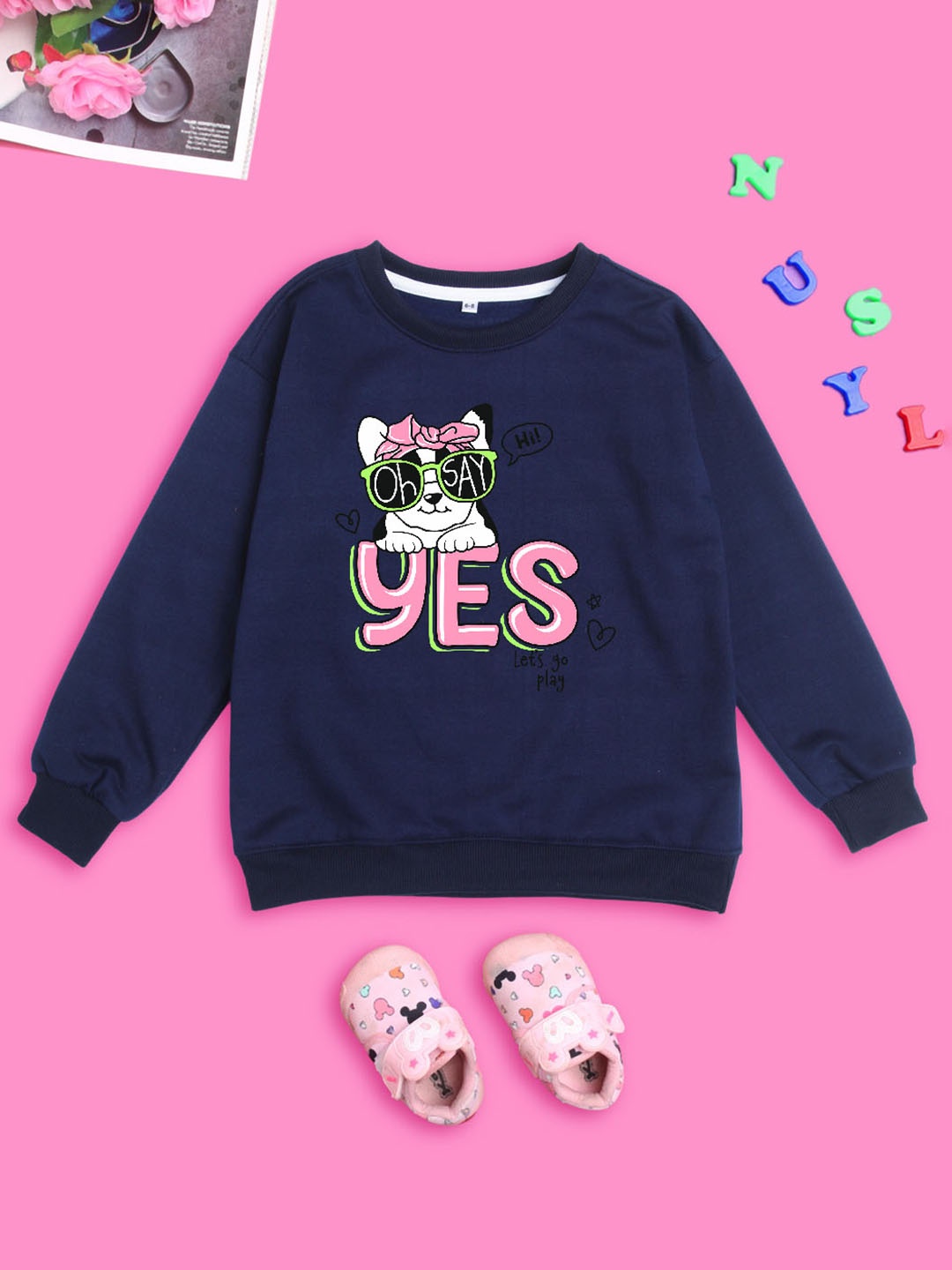 

NUSYL Girls Typography Printed Oversized Fleece Sweatshirt, Blue
