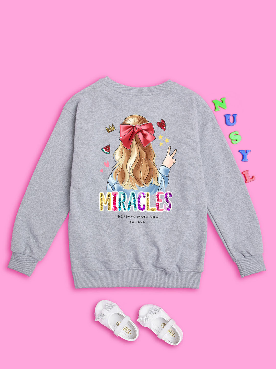 

NUSYL Girls Graphic Printed Oversized Sweatshirt, Grey