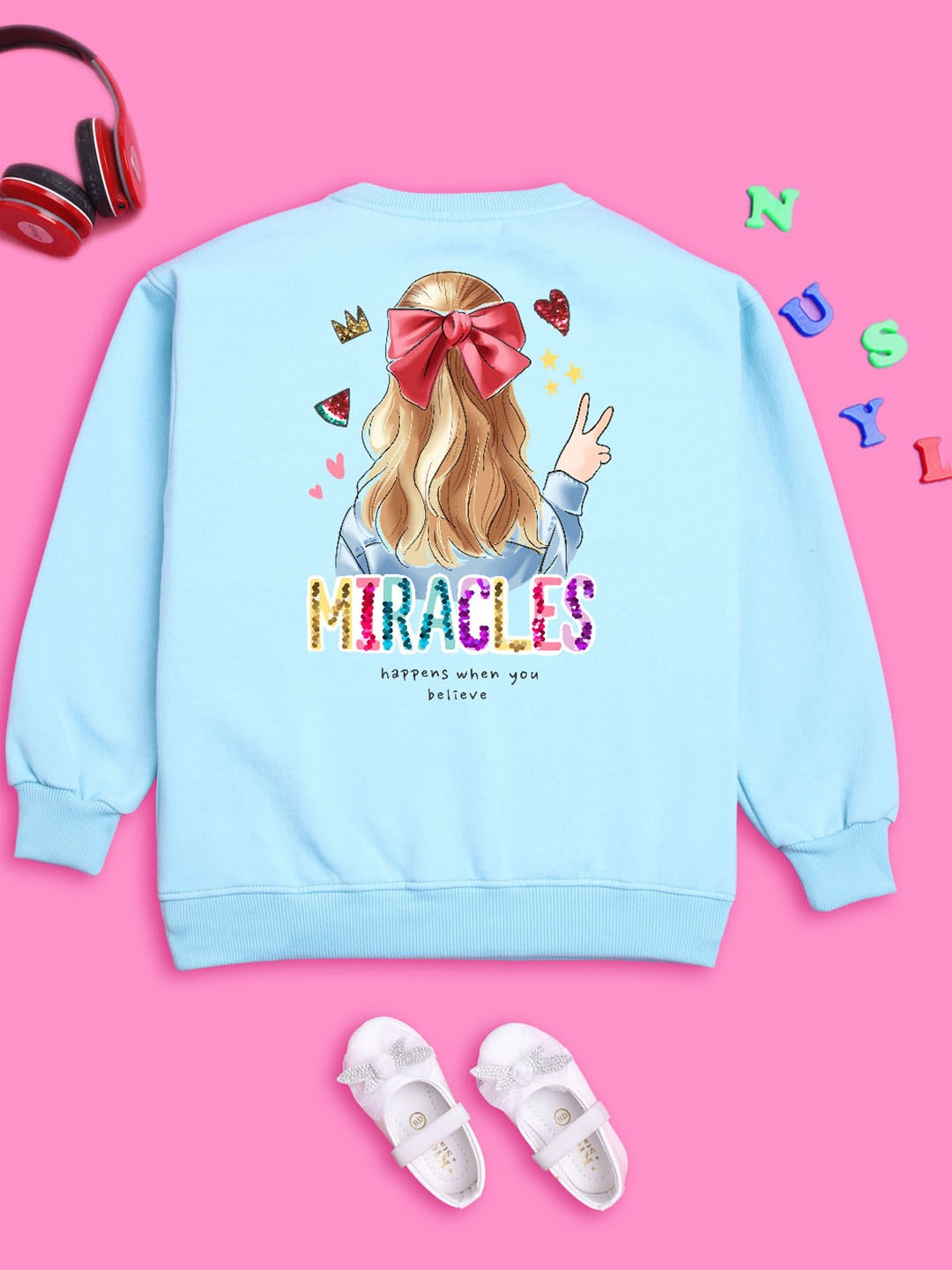 

NUSYL Girls Graphic Printed Oversized Fleece Sweatshirt, Blue
