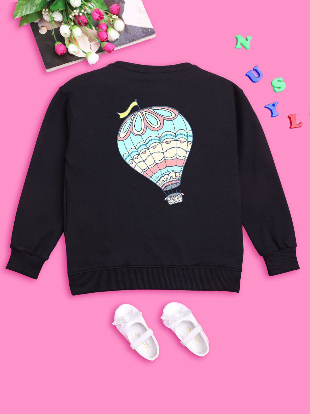 

NUSYL Girls Graphic Printed Oversized Sweatshirt, Black