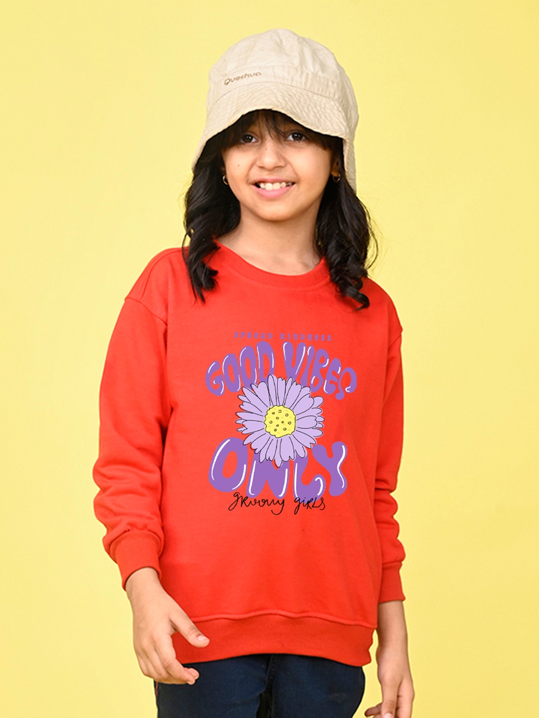 

NUSYL Girls Typography Printed Round Neck Oversized Sweatshirt, Red