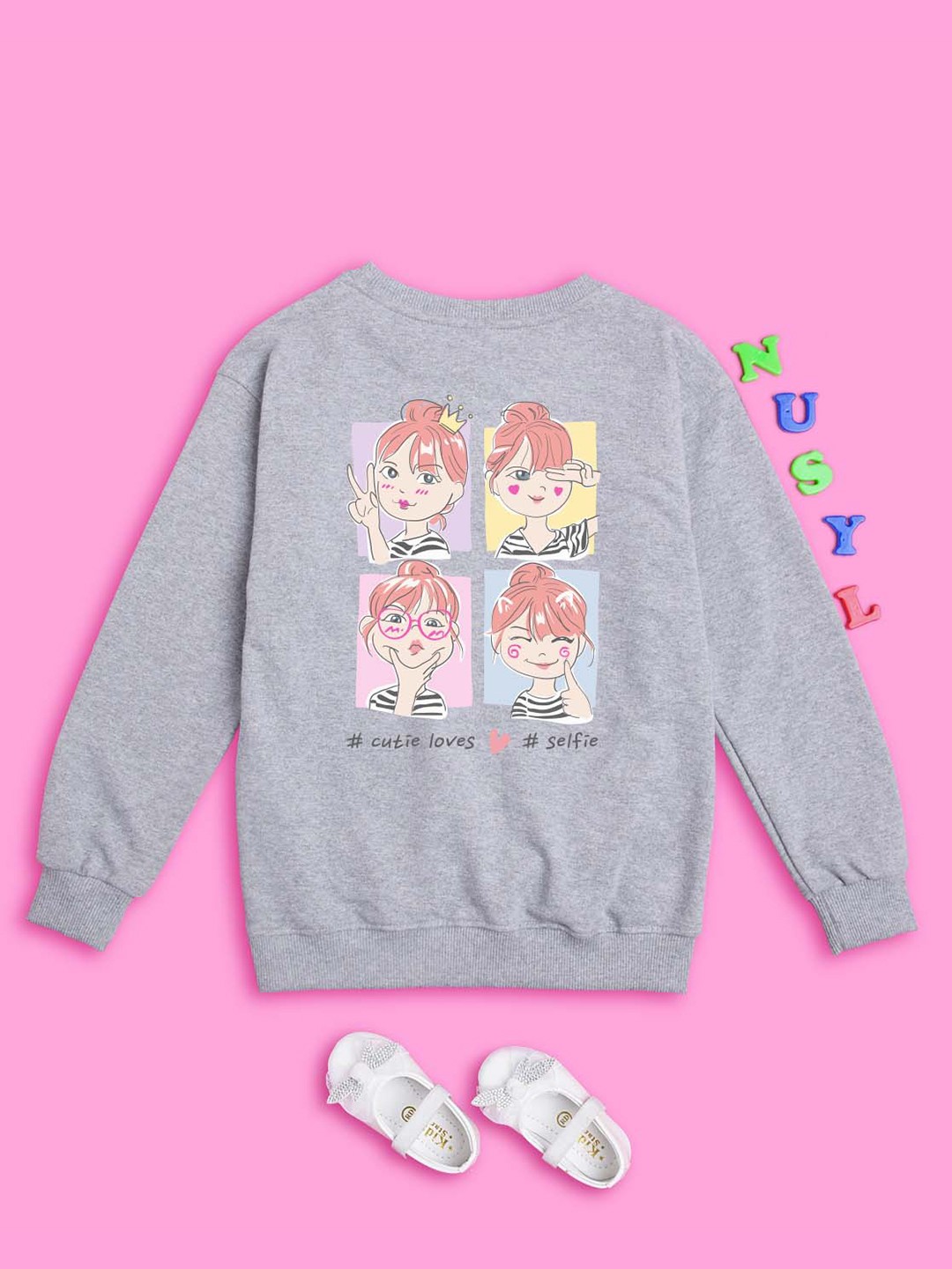 

NUSYL Girls Graphic Printed Oversized Sweatshirt, Grey