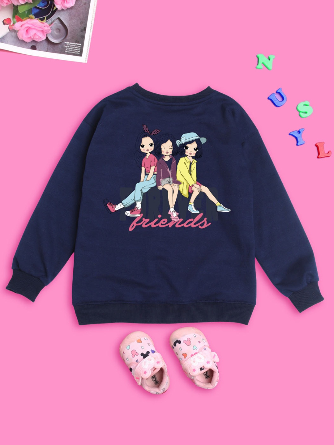 

NUSYL Girls Graphic Printed Oversized Fleece Sweatshirt, Navy blue