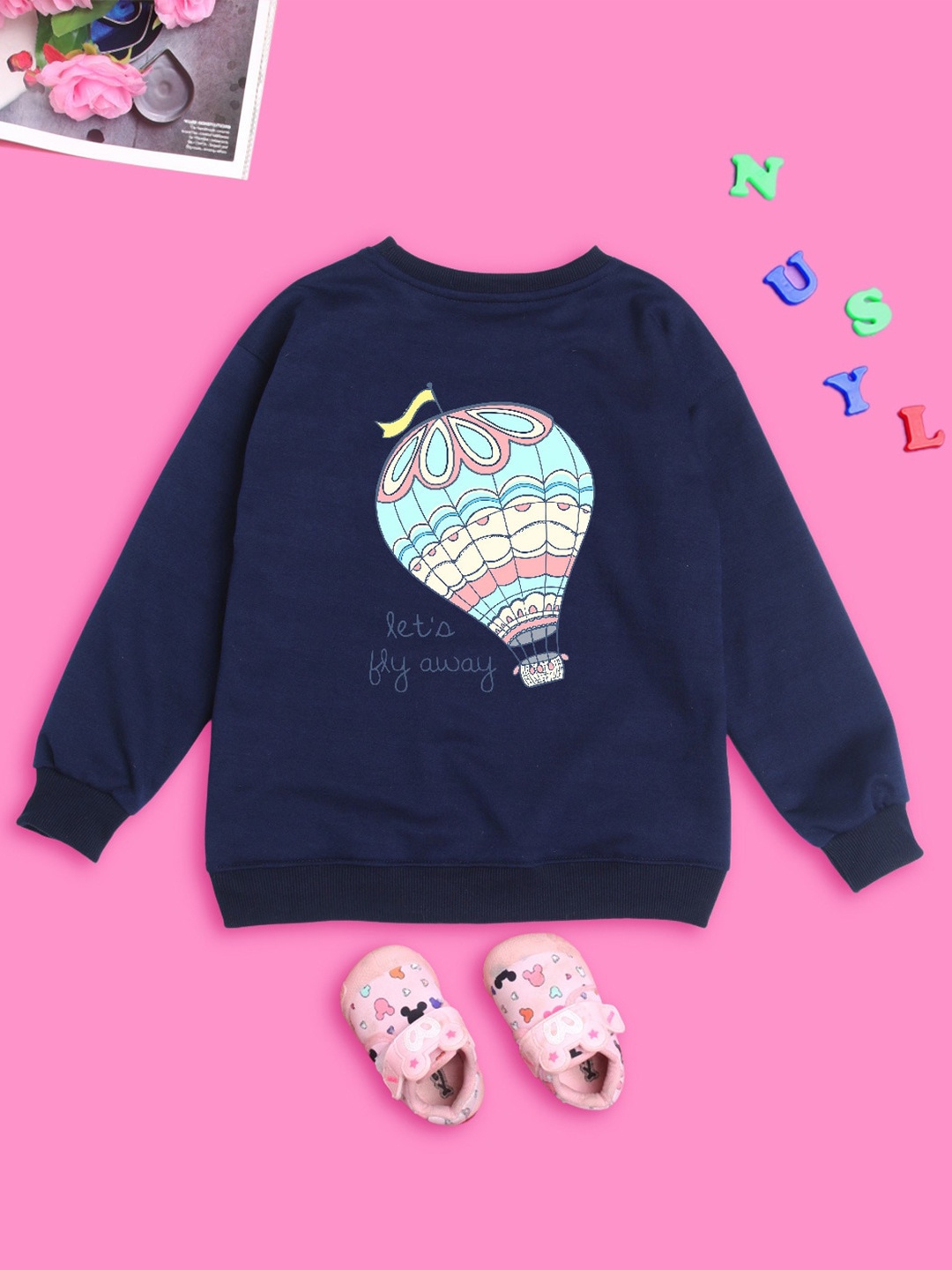 

NUSYL Girls Graphic Printed Oversized Fleece Pullover, Blue