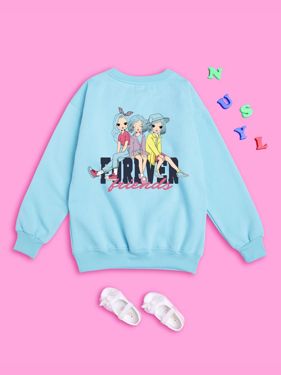 

NUSYL Girls Graphic Printed Oversized Fleece Sweatshirt, Blue