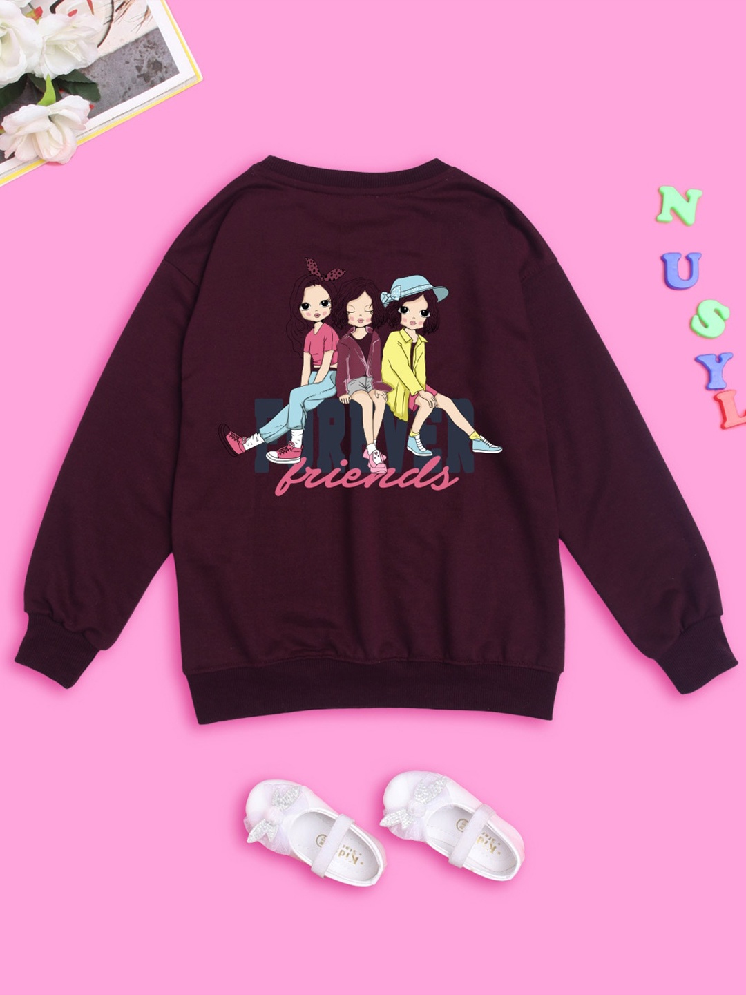 

NUSYL Girls Graphic Printed Oversized Fleece Sweatshirt, Burgundy