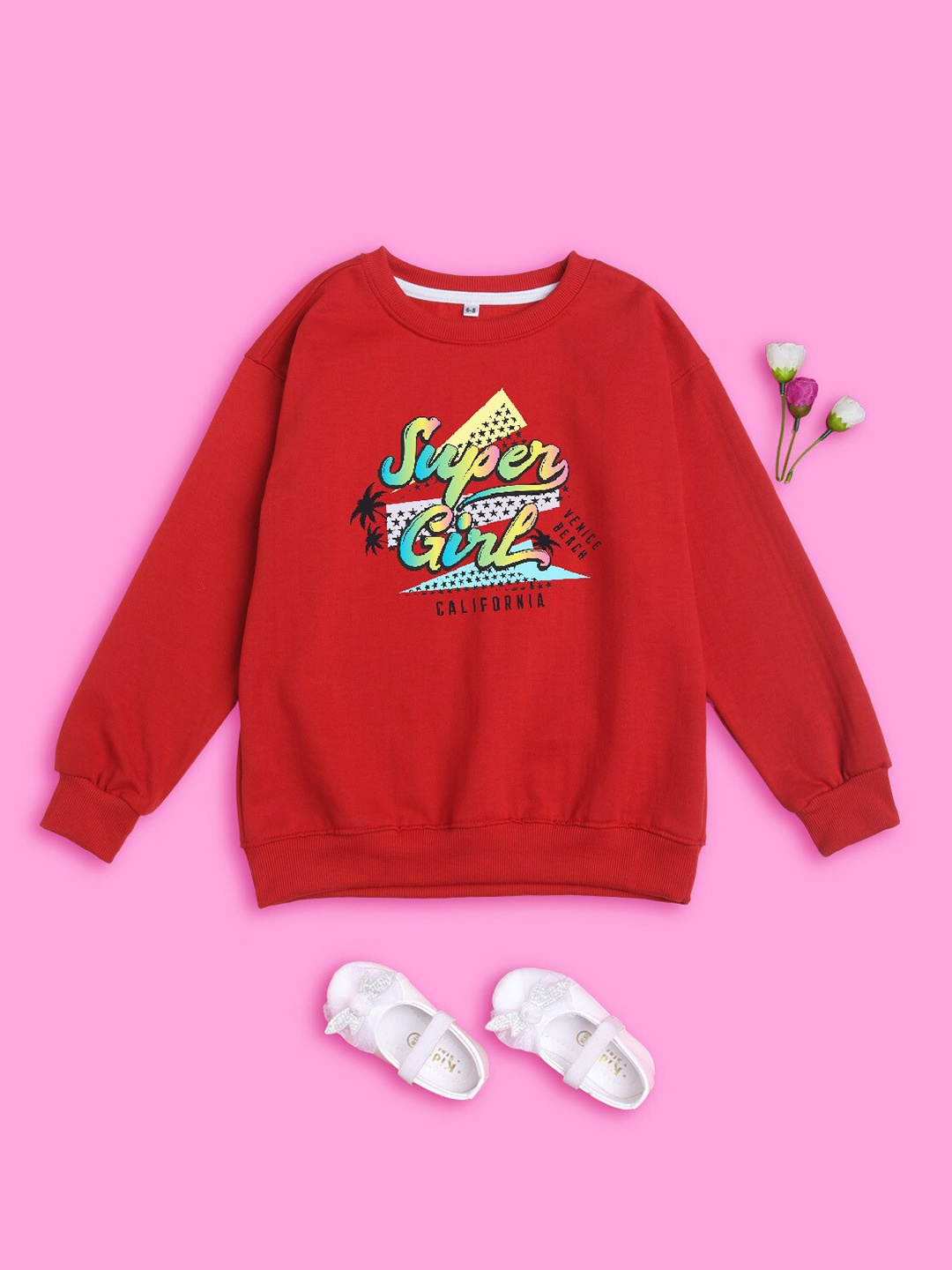 

NUSYL Girls Printed Oversized Fleece Sweatshirt, Red