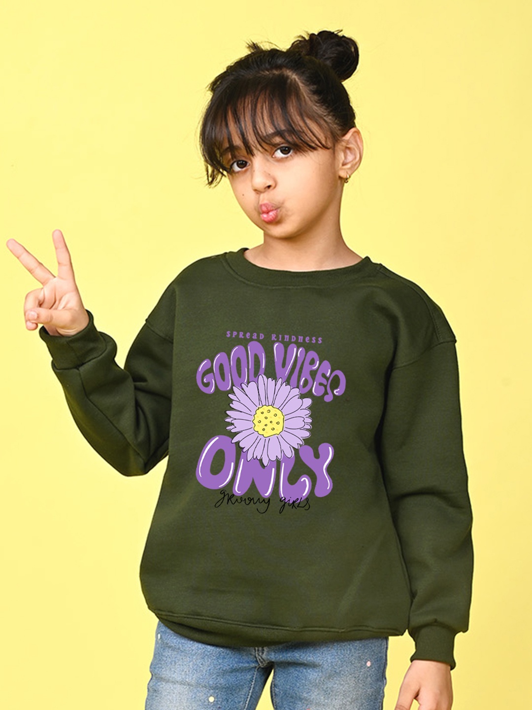 NUSYL Girls Typography Printed Oversized Fleece Sweatshirt, Green