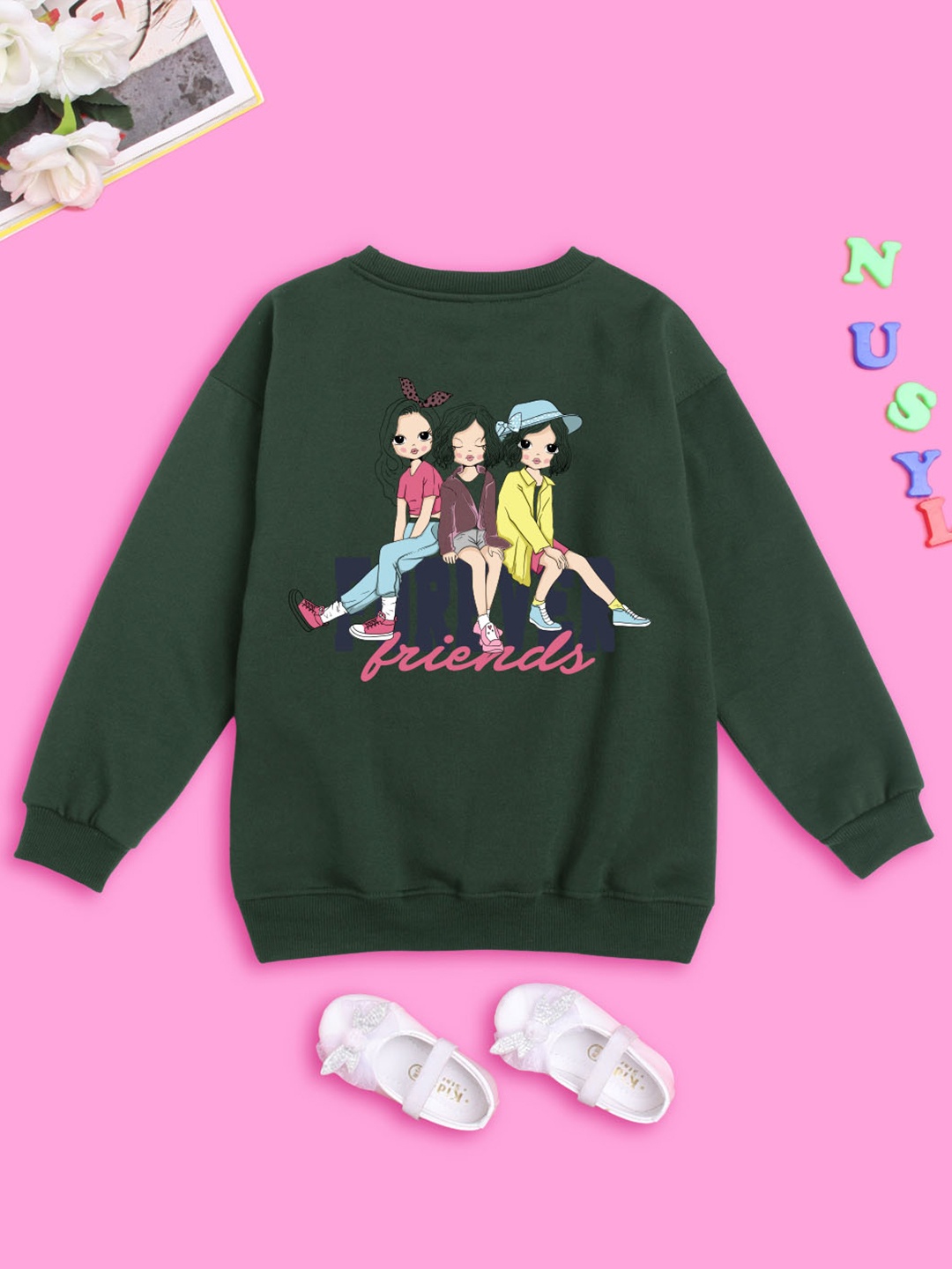 

NUSYL Girls Graphic Printed Round Neck Pullover Oversized Fleece Sweatshirt, Green