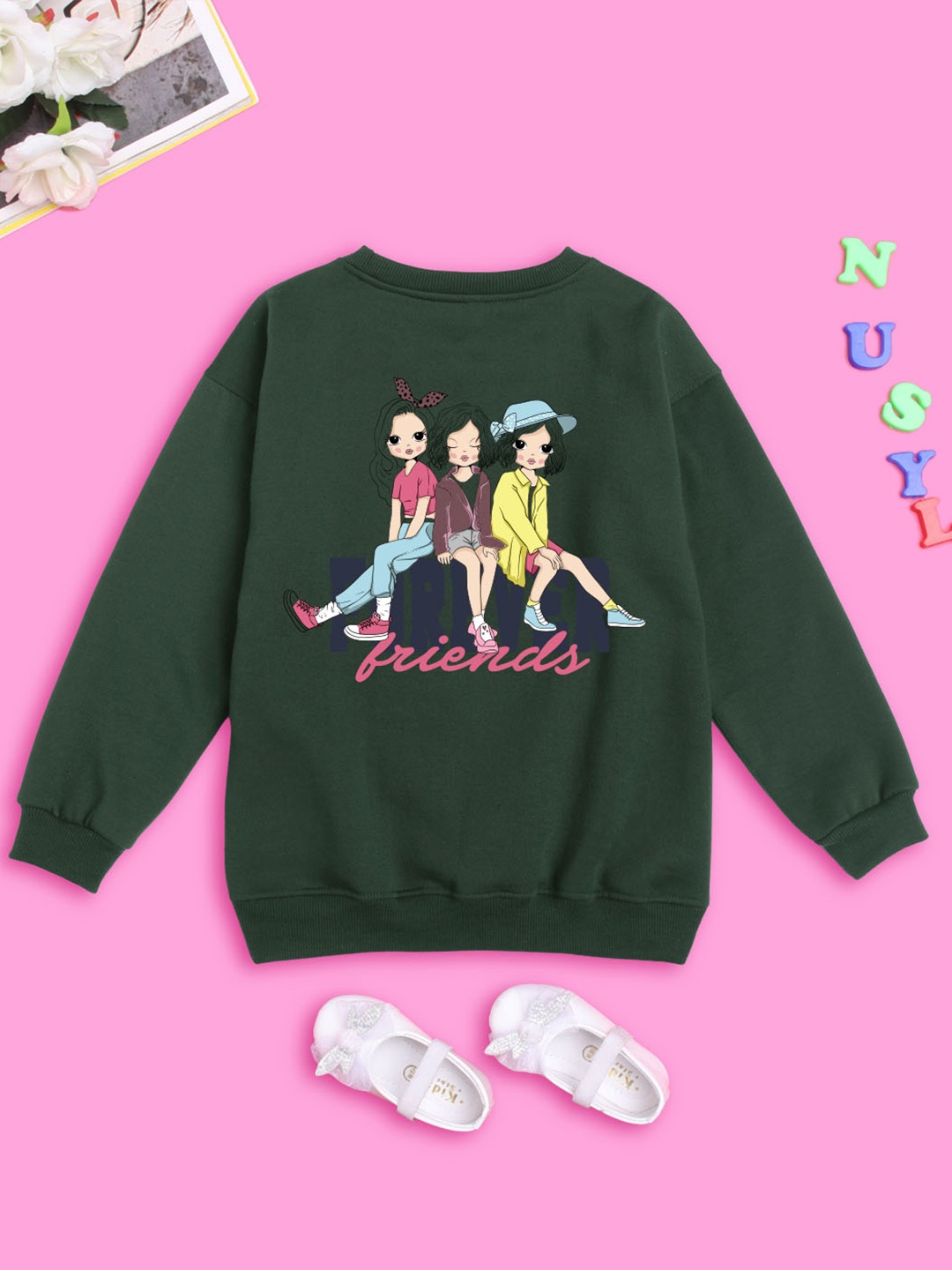 

NUSYL Girls Friends Forever Printed Oversized Sweatshirts, Green