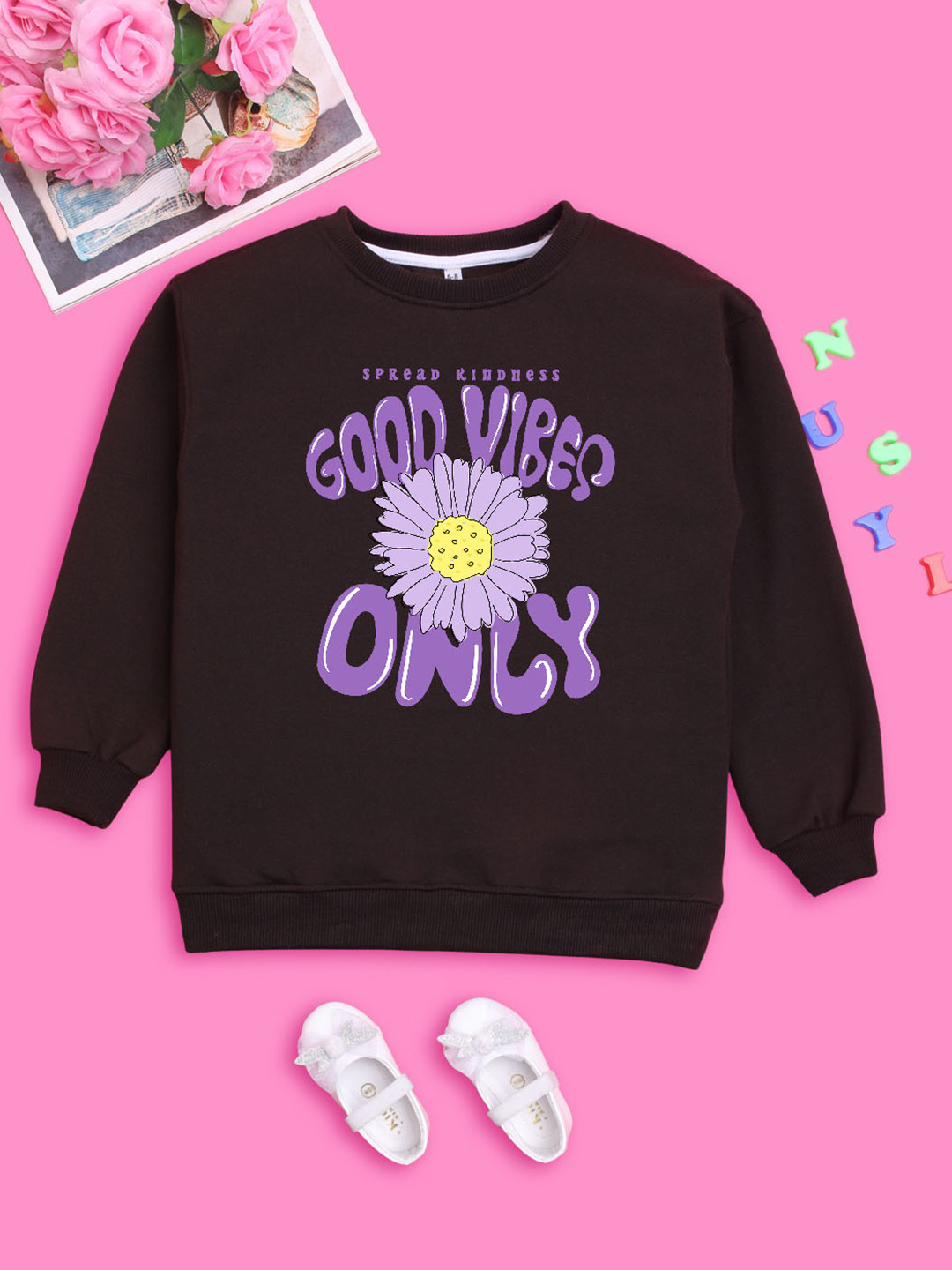 

NUSYL Girls Typography Printed Sweatshirt, Brown