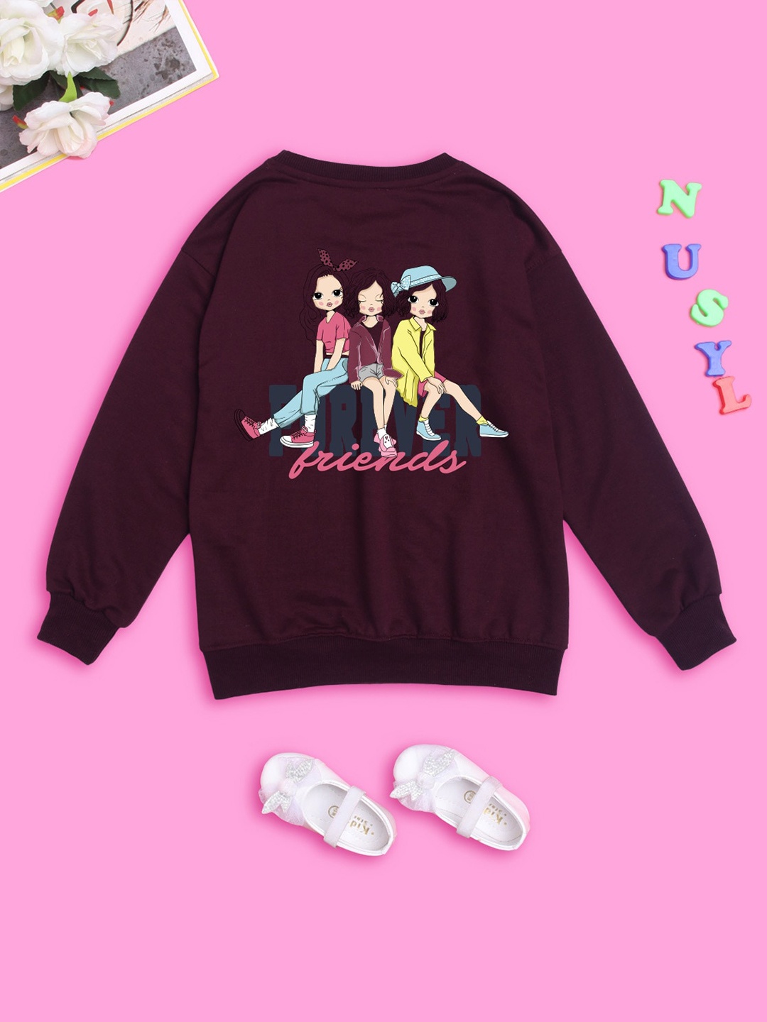 

NUSYL Girls Graphic Printed Oversized Fleece Sweatshirt, Burgundy