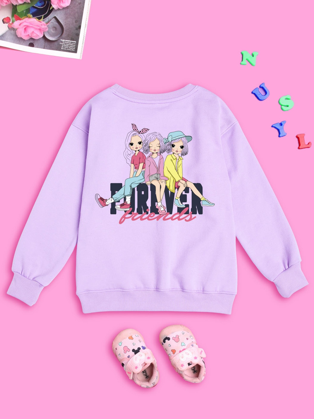 

NUSYL Girls Typography Printed Round Neck Oversized Sweatshirt, Lavender